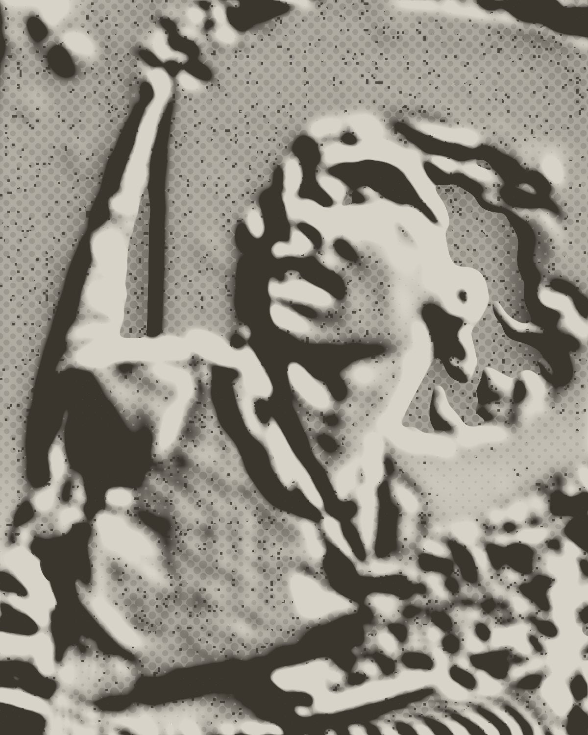 Emboss effect on a portrait of a woman in sunglasses against a blue sky, made with the Emboss filter in Filter Archive (Plaster preset)