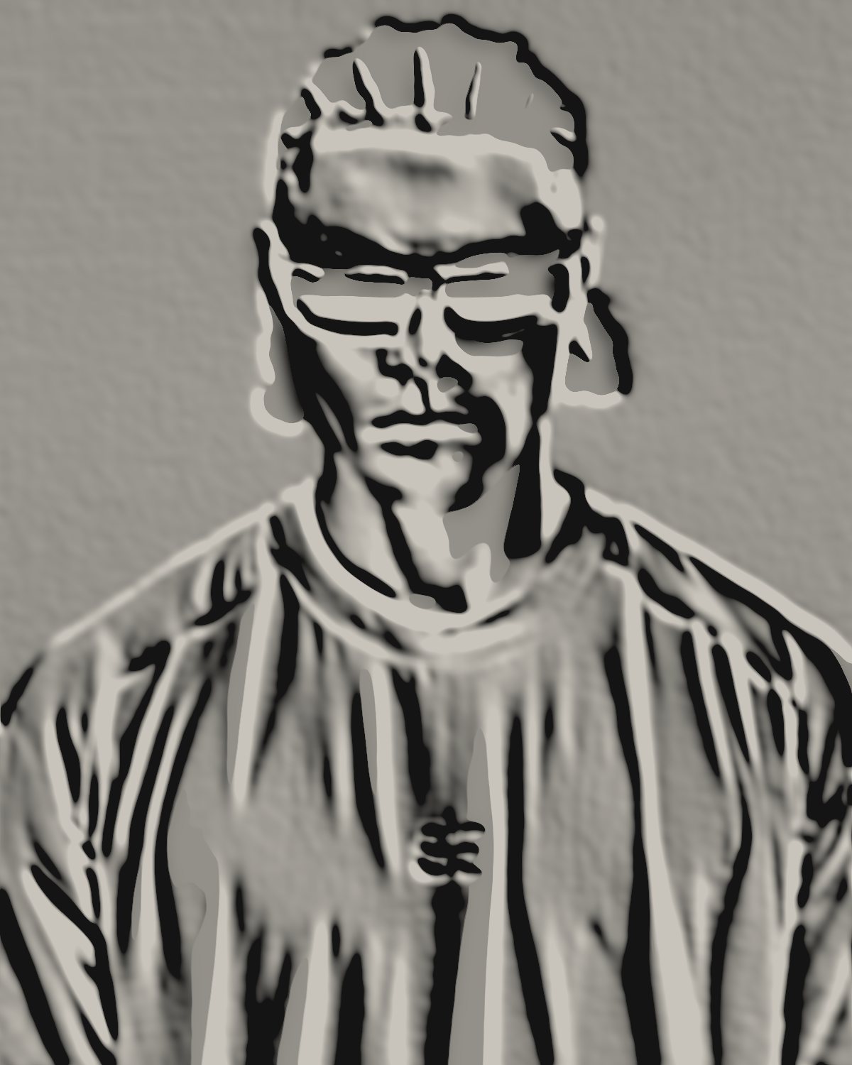 Emboss effect on a portrait of a man in sunglasses on a red background, made with the Emboss filter in Filter Archive (Clean Relief preset)