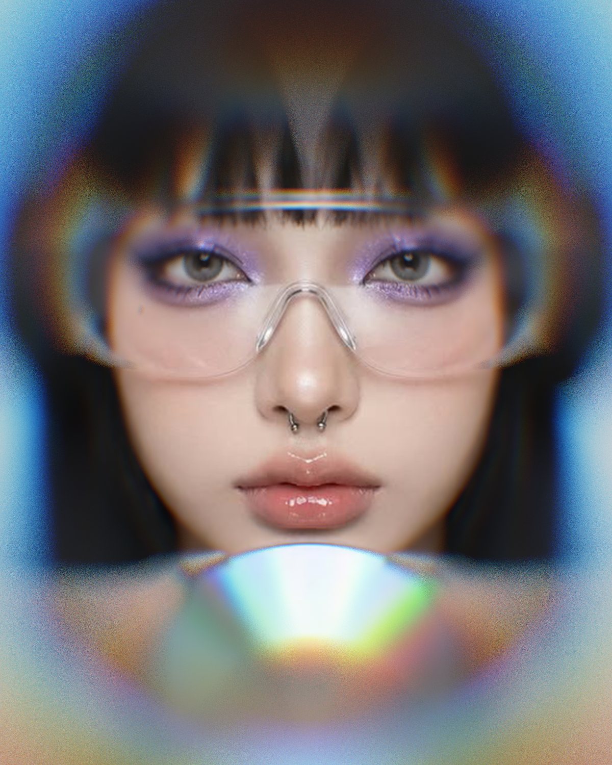 Prism lens effect on a portrait of a woman in headphones holding a CD, made with the Ghost Lens filter in Filter Archive (Melted preset)
