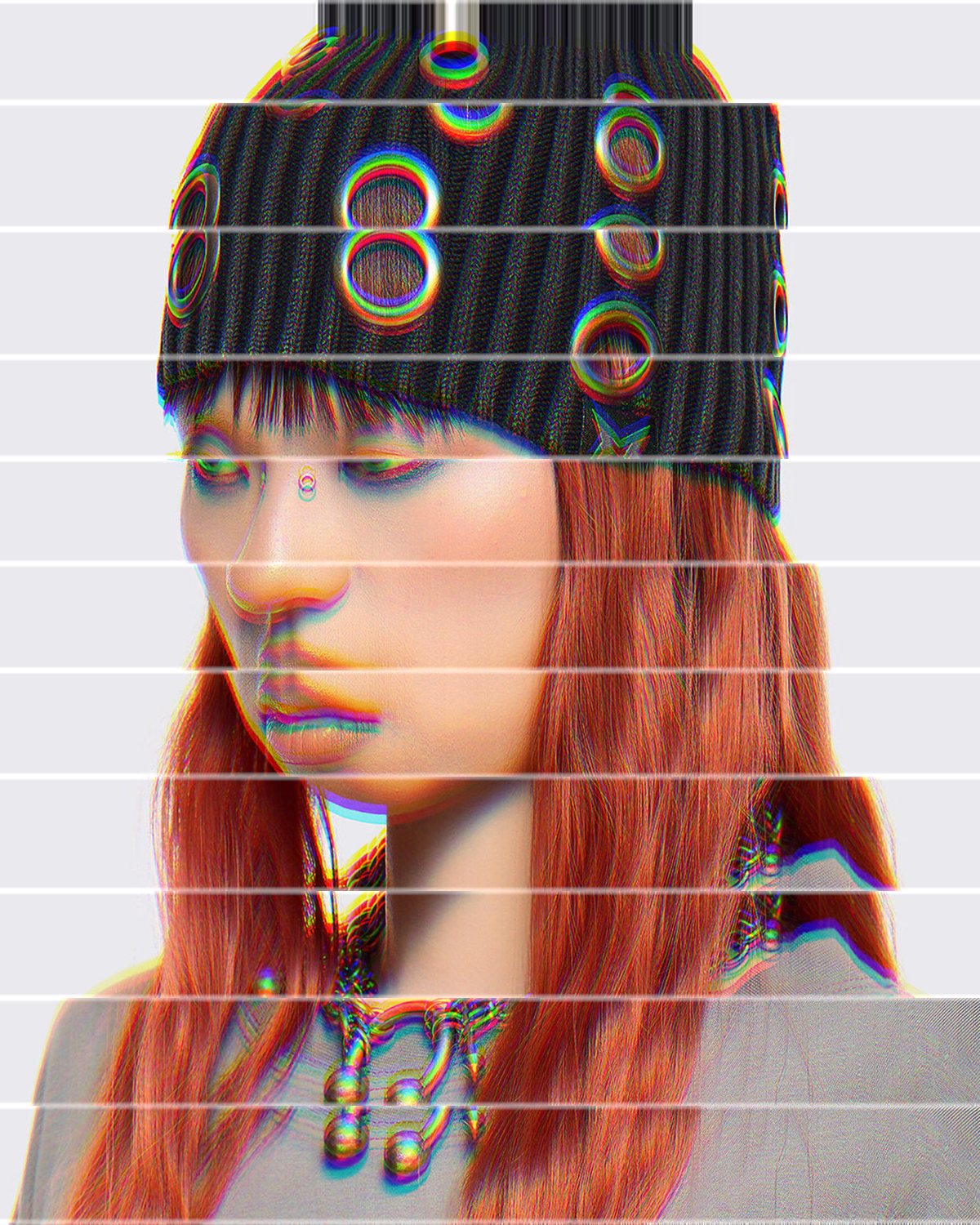 Glass refraction effect on a portrait of a woman with red hair in a studded beanie, made with the Glass Slice filter in Filter Archive (Venetian preset)
