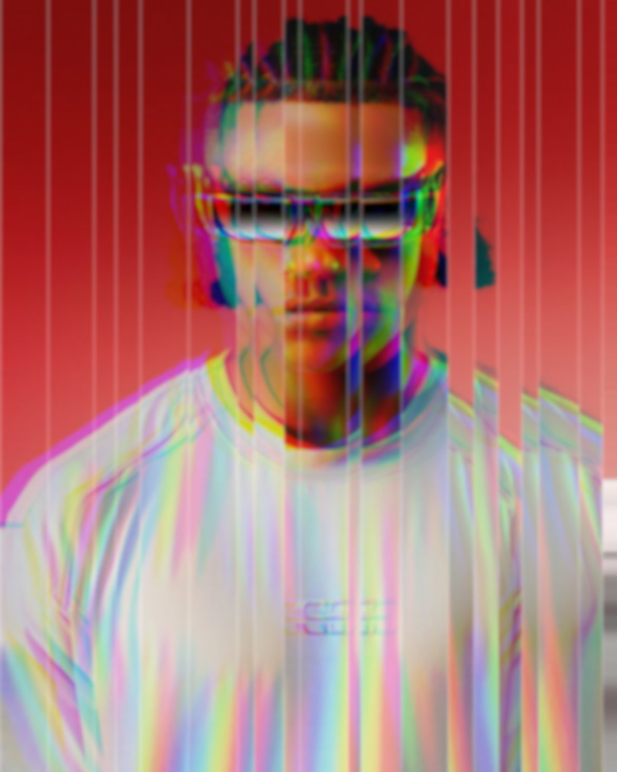 Glass refraction effect on a portrait of a man in sunglasses on a red background, made with the Glass Slice filter in Filter Archive (Shatter preset)