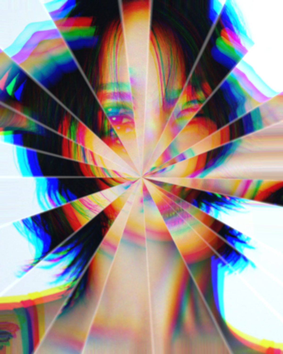 Glass refraction effect on a portrait of a woman with black hair, hands on her head, made with the Glass Slice filter in Filter Archive (Facet Fan preset)