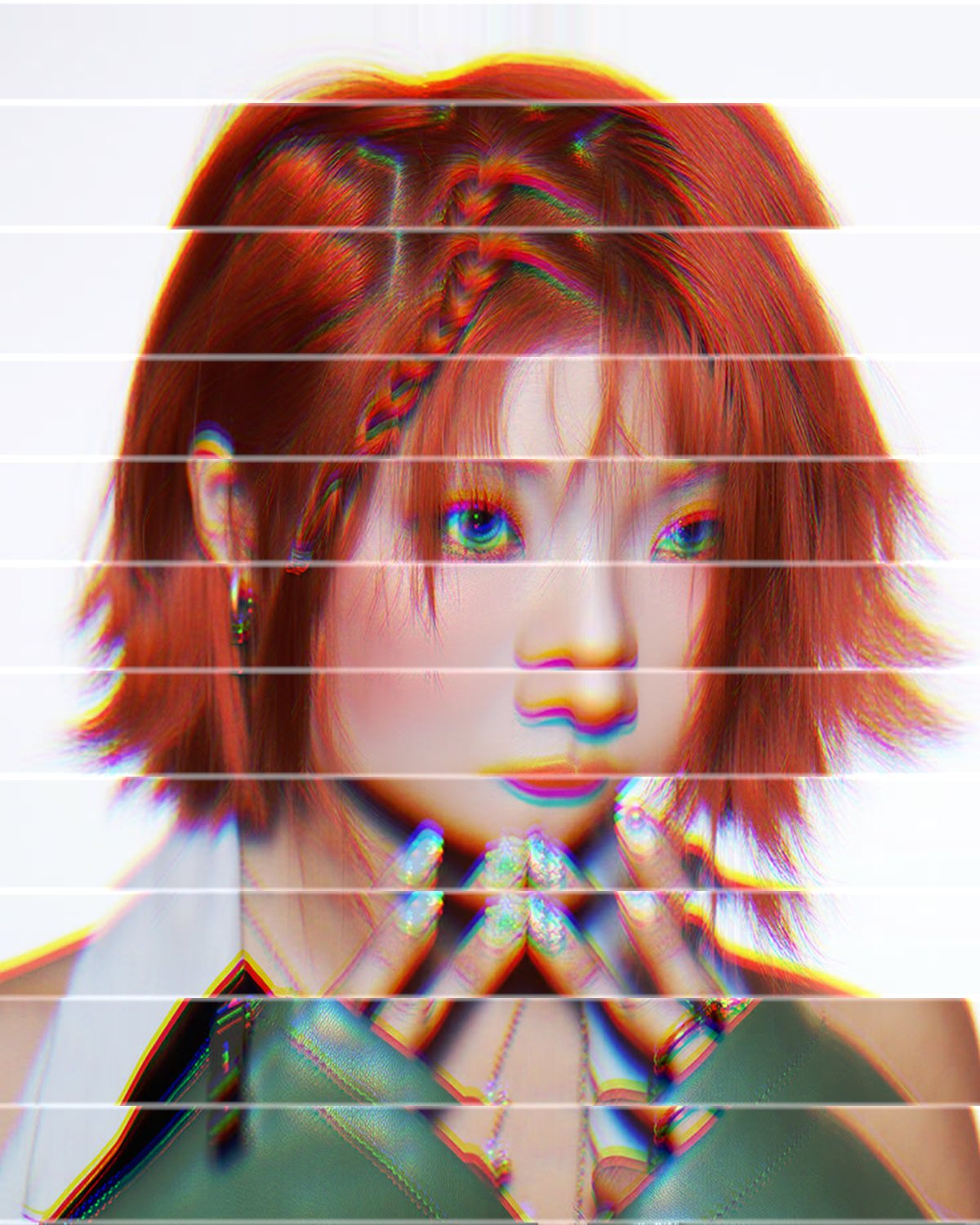Glass refraction effect on a portrait of a woman with copper red hair, made with the Glass Slice filter in Filter Archive (Venetian preset)