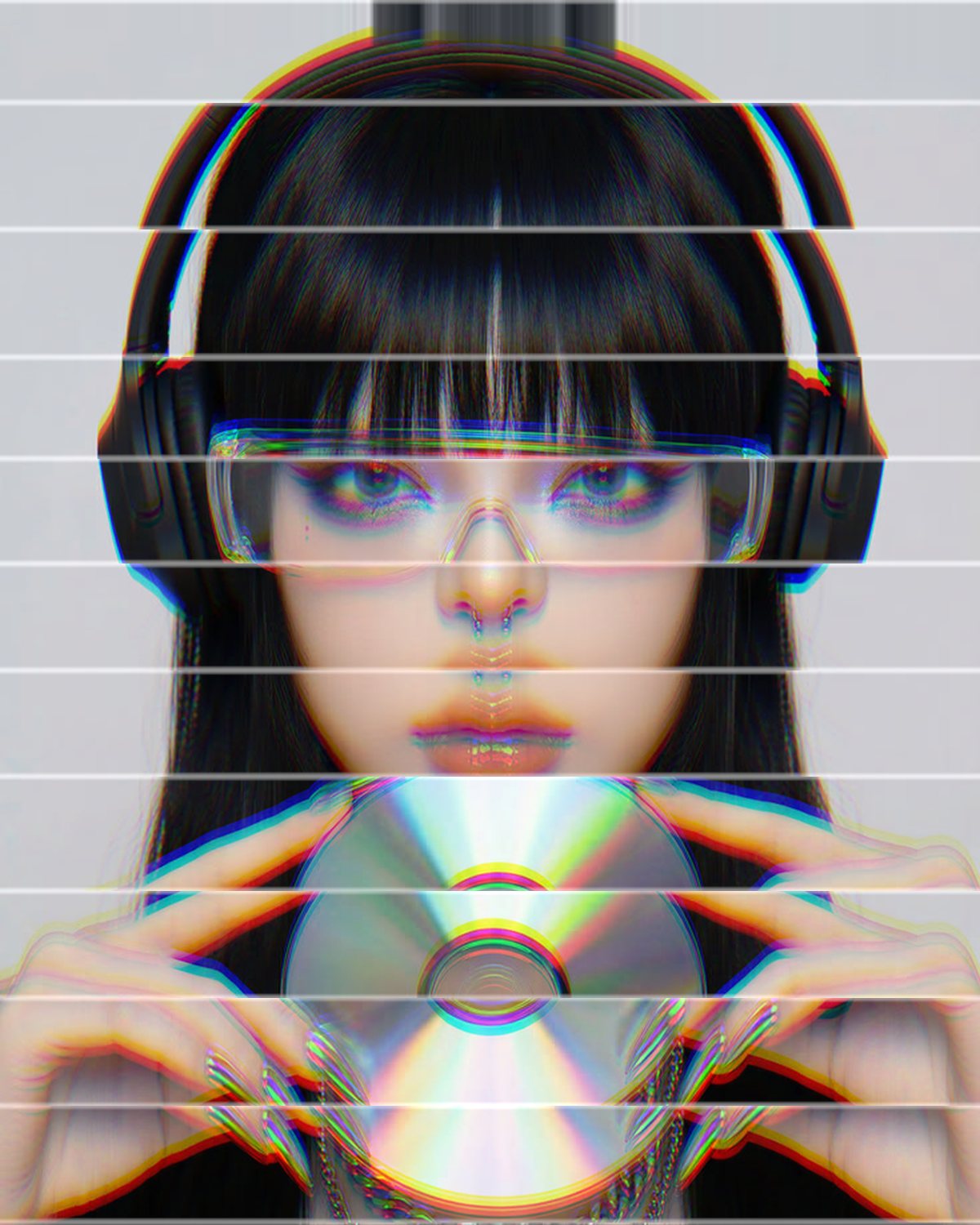 Glass refraction effect on a portrait of a woman in headphones holding a CD, made with the Glass Slice filter in Filter Archive (Venetian preset)
