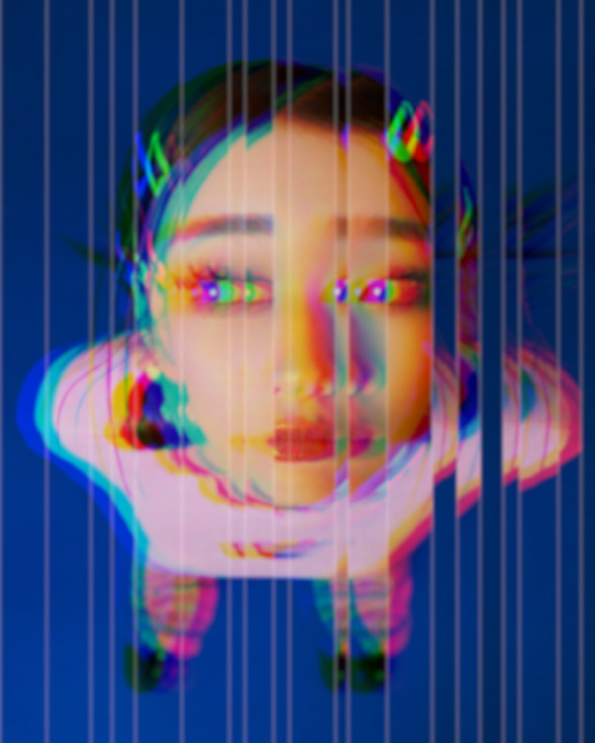 Glass refraction effect on a wide-angle portrait of a woman looking up at the camera, made with the Glass Slice filter in Filter Archive (Shatter preset)
