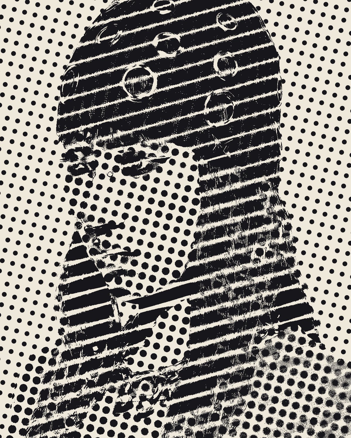 Halftone effect on a portrait of a woman with red hair in a studded beanie, made with the Dual Halftone filter in Filter Archive (Line and Dot preset)