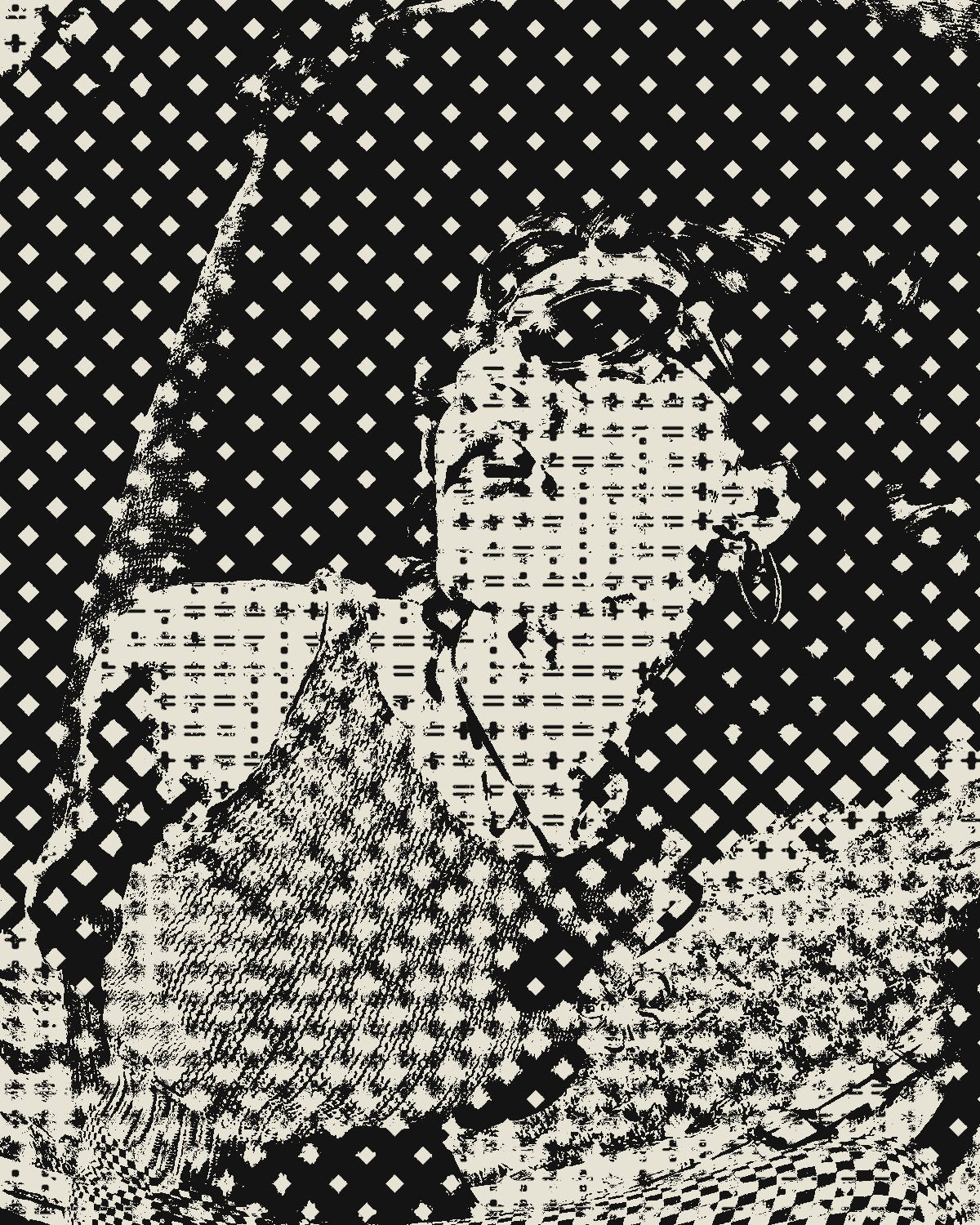 Halftone effect on a portrait of a woman in sunglasses against a blue sky, made with the Dual Halftone filter in Filter Archive (Zine preset)