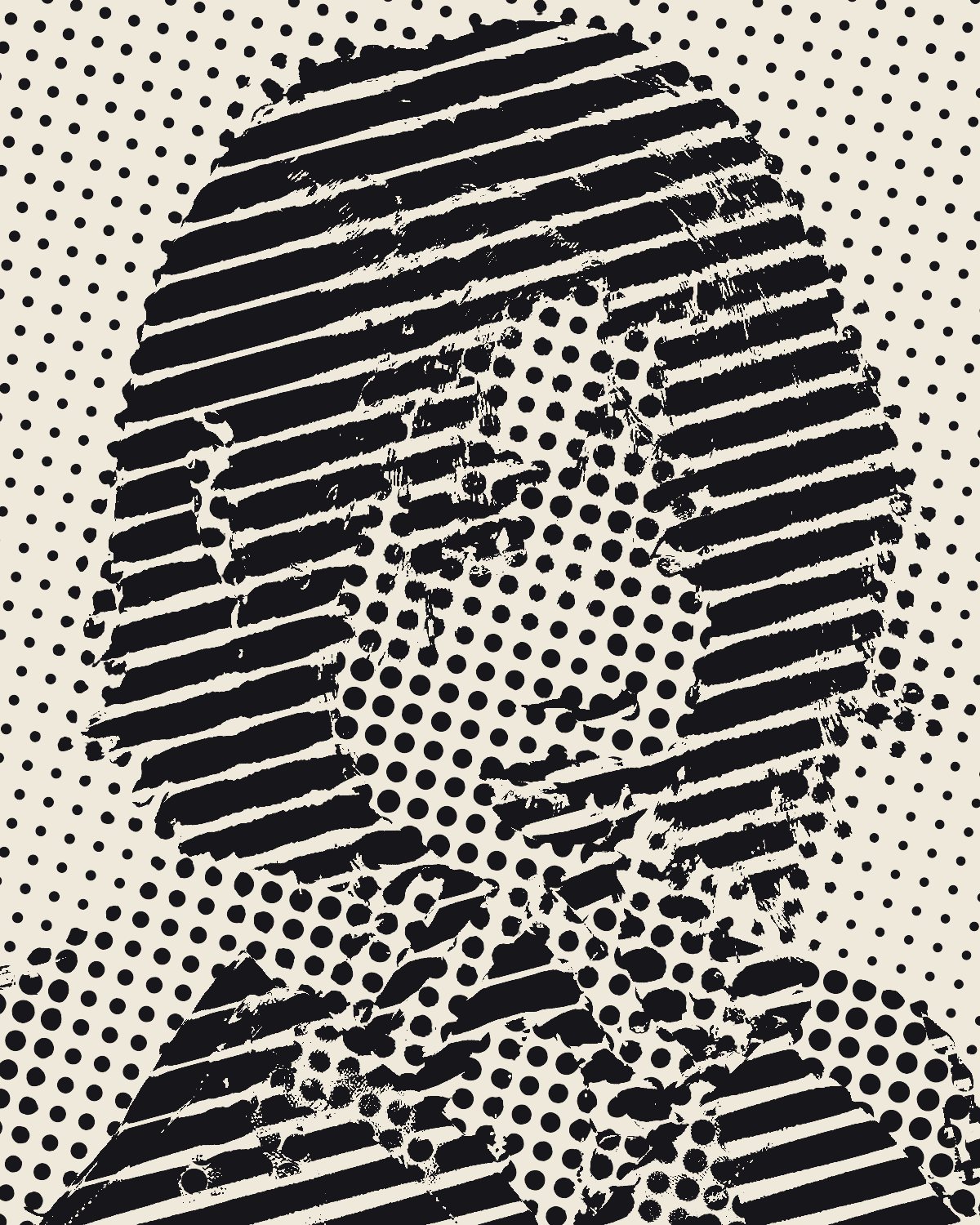 Halftone effect on a portrait of a woman with copper red hair, made with the Dual Halftone filter in Filter Archive (Line and Dot preset)