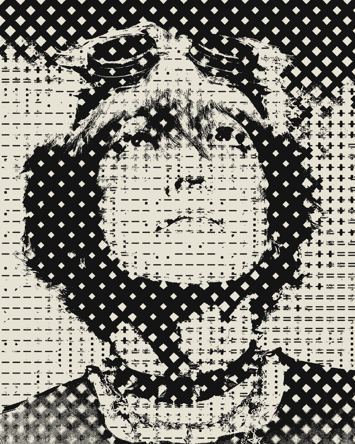 Halftone effect on a portrait of a person with goggles looking up, made with the Dual Halftone filter in Filter Archive (Zine preset)