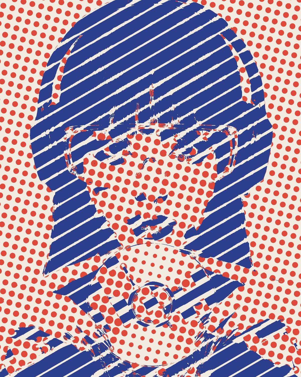Halftone effect on a portrait of a woman in headphones holding a CD, made with the Dual Halftone filter in Filter Archive (Two Colour preset)