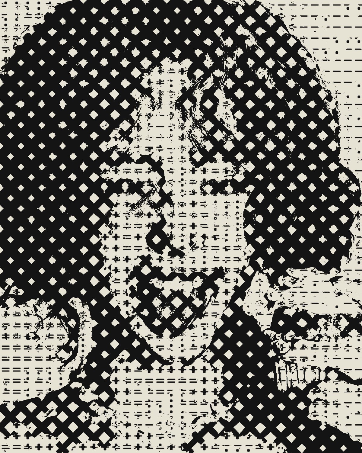 Halftone effect on a portrait of a laughing woman with pink curly hair, made with the Dual Halftone filter in Filter Archive (Zine preset)