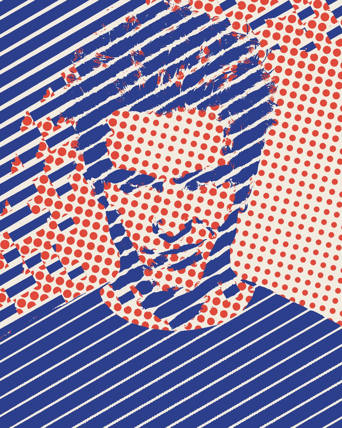 Halftone effect on a portrait of a man with spiky red hair on a blue background, made with the Dual Halftone filter in Filter Archive (Two Colour preset)