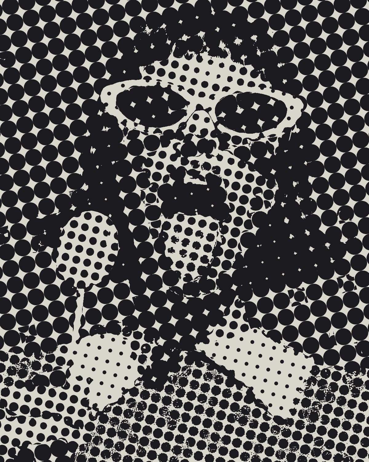 Halftone effect on a portrait of a woman in white sunglasses with a lollipop, made with the Dual Halftone filter in Filter Archive (Newsprint preset)