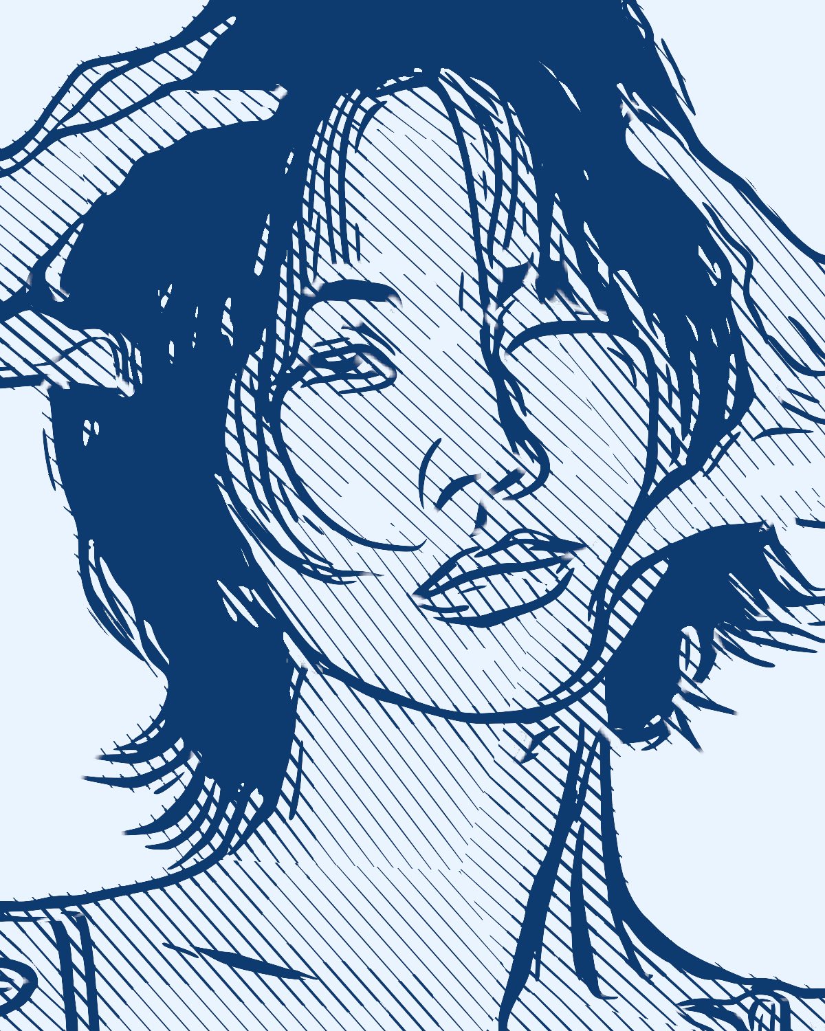 Ink drawing effect on a portrait of a woman with black hair, hands on her head, made with the Edge Ink filter in Filter Archive (Blueprint preset)