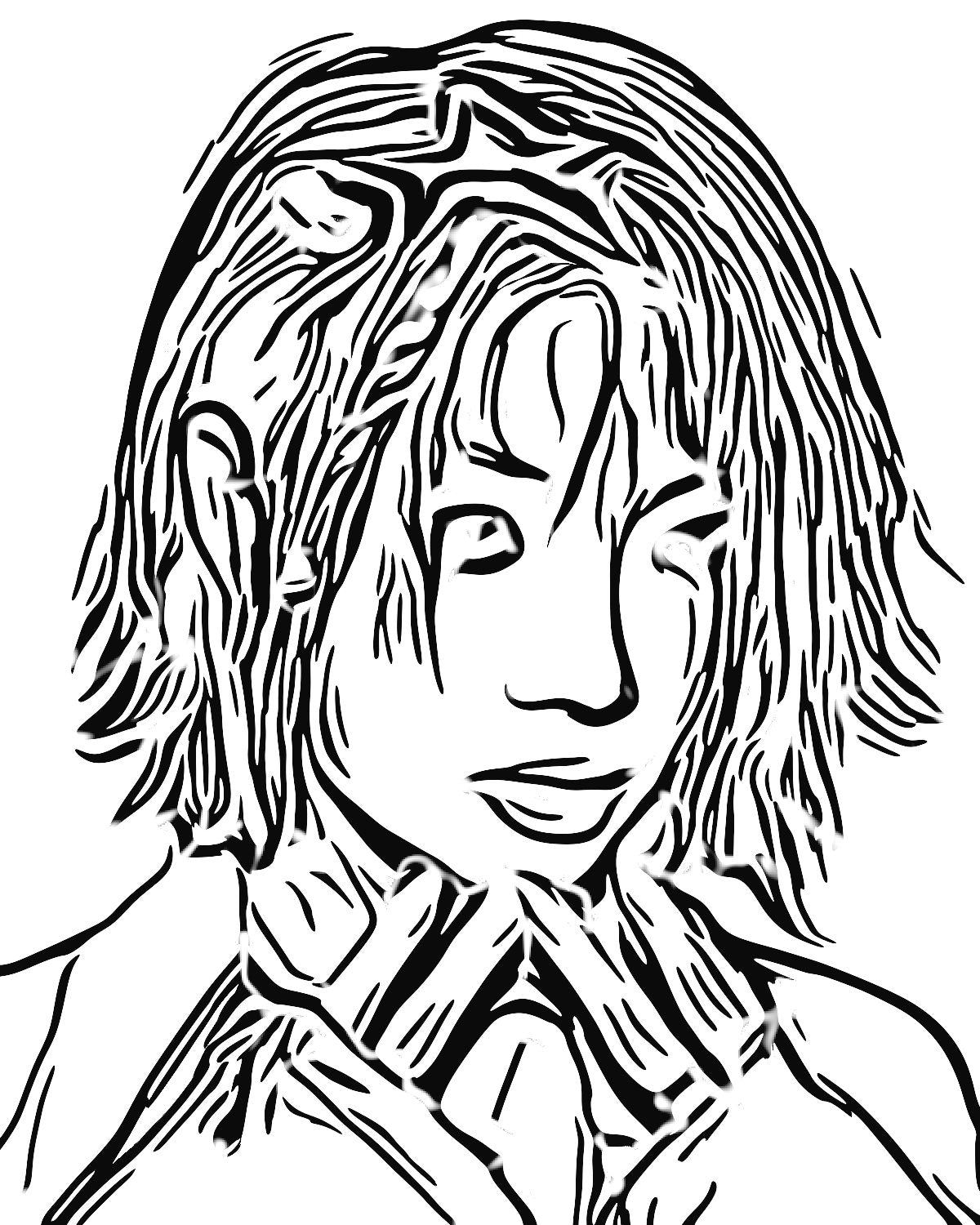 Ink drawing effect on a portrait of a woman with copper red hair, made with the Edge Ink filter in Filter Archive (Find Edges, Fixed preset)