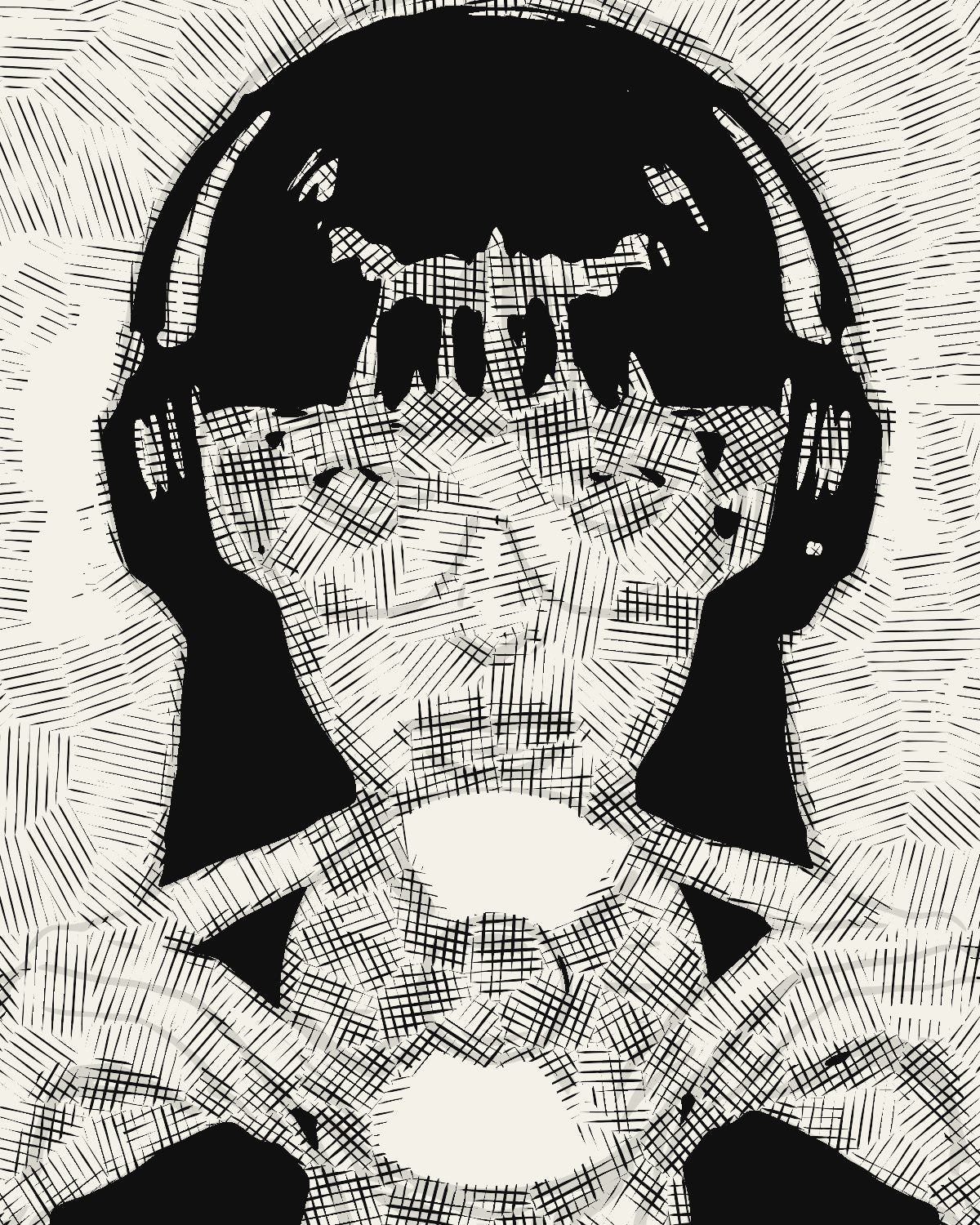 Ink drawing effect on a portrait of a woman in headphones holding a CD, made with the Edge Ink filter in Filter Archive (Kakeami preset)