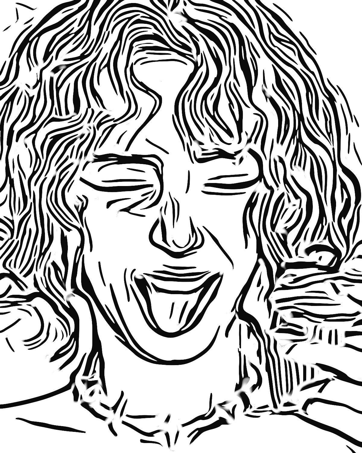 Ink drawing effect on a portrait of a laughing woman with pink curly hair, made with the Edge Ink filter in Filter Archive (Find Edges, Fixed preset)