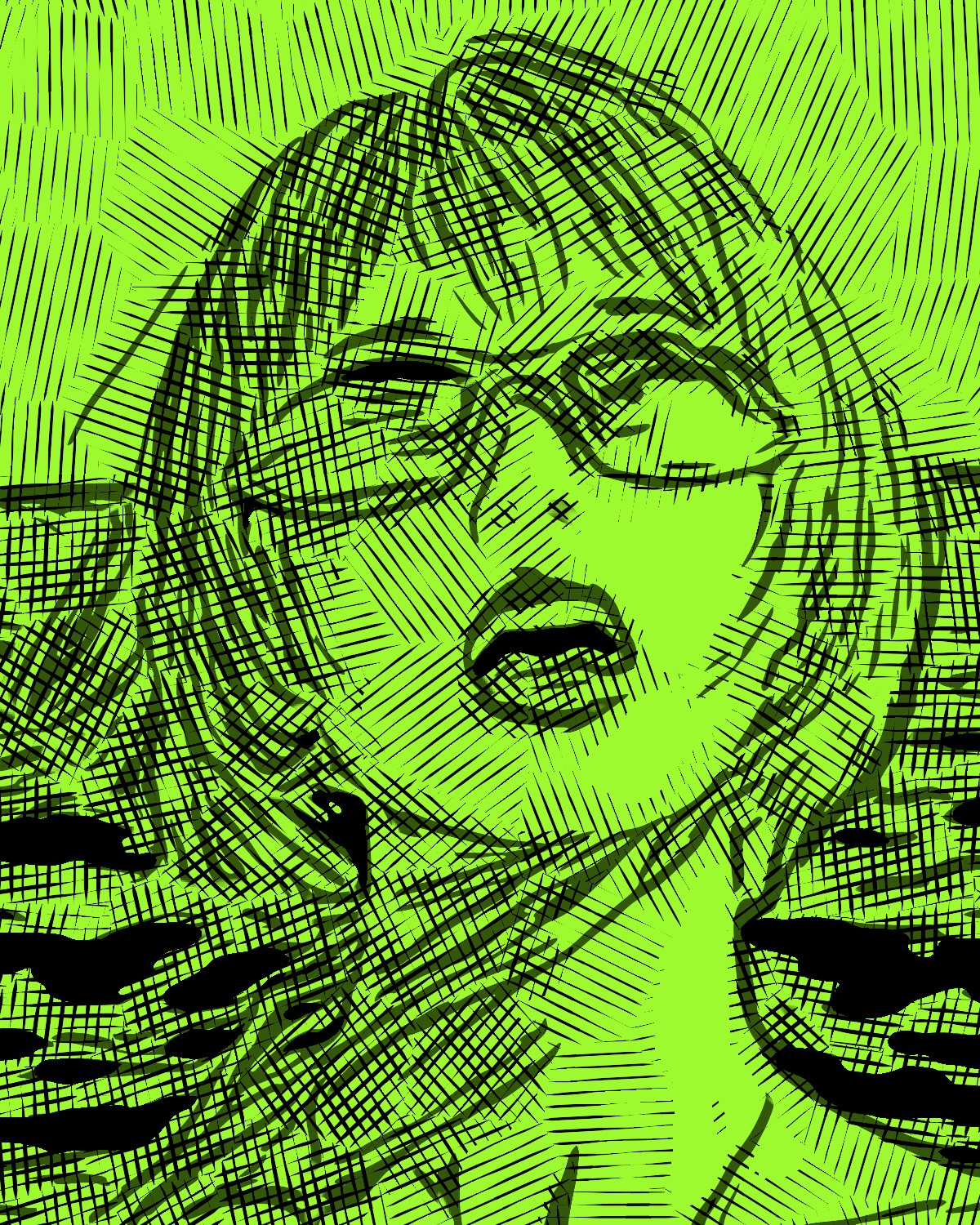 Ink drawing effect on a portrait of a woman with silver hair and blue sunglasses by the sea, made with the Edge Ink filter in Filter Archive (Acid Helmet preset)
