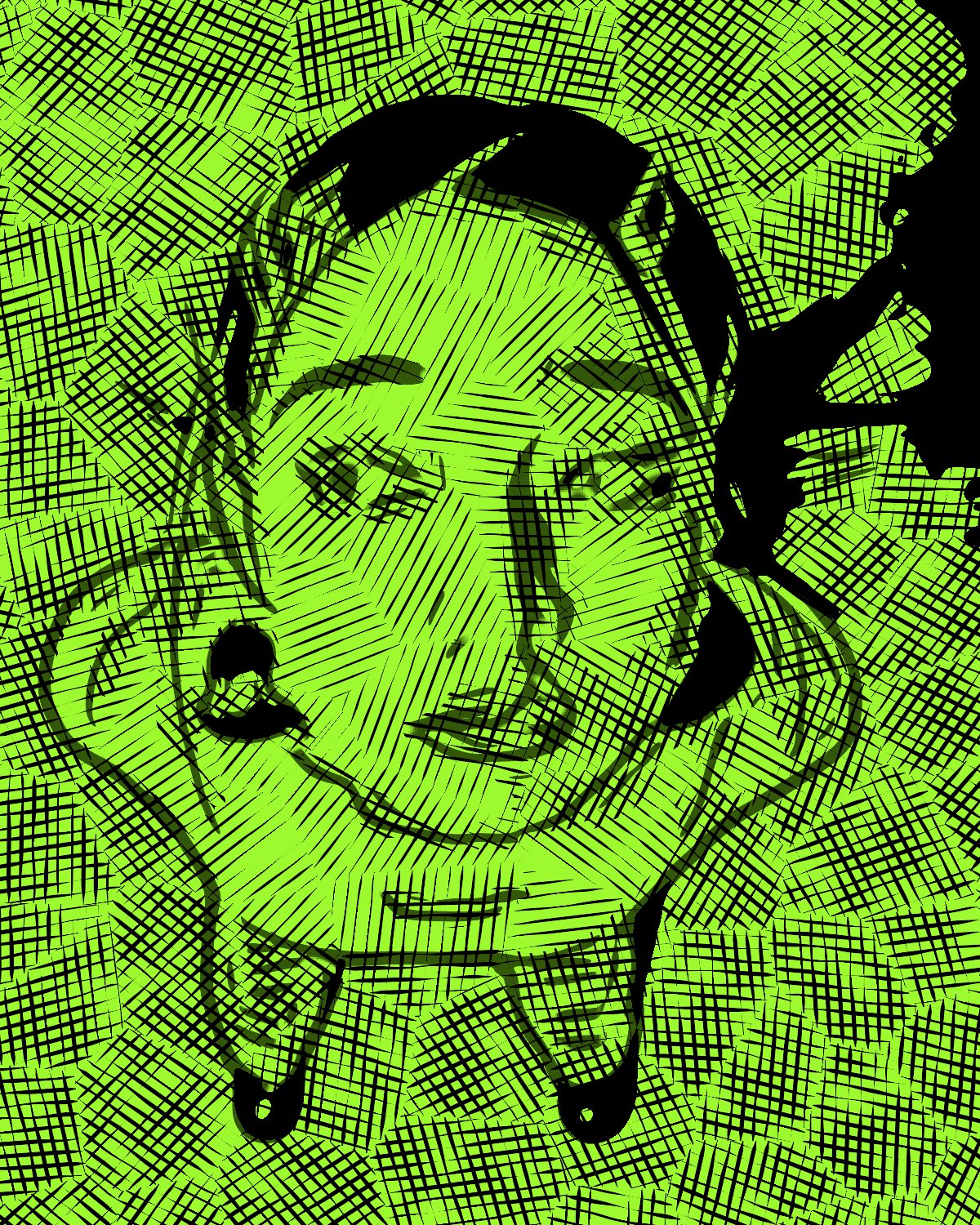 Ink drawing effect on a wide-angle portrait of a woman looking up at the camera, made with the Edge Ink filter in Filter Archive (Acid Helmet preset)