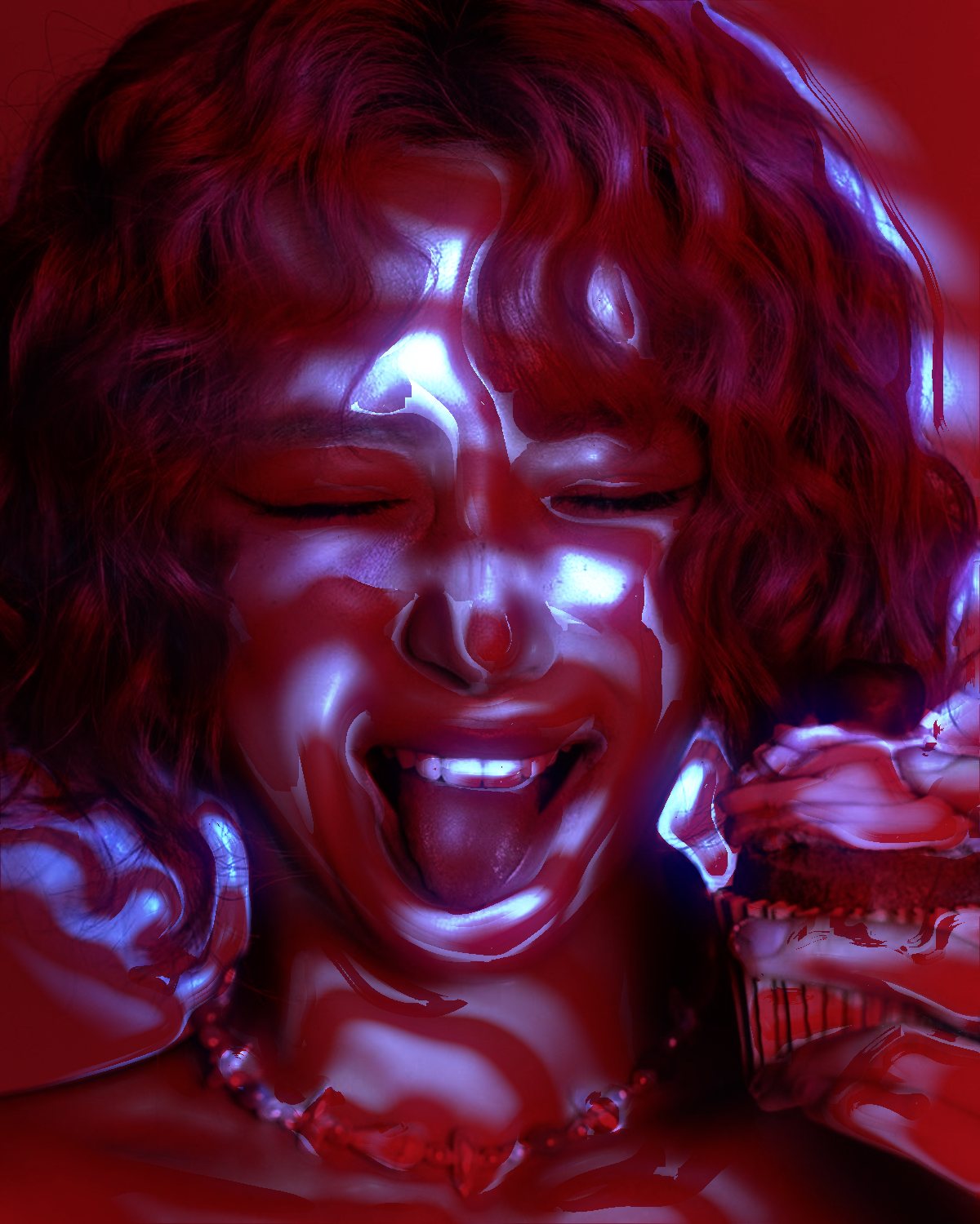 Light projection effect on a portrait of a laughing woman with pink curly hair, made with the Shadow Cast filter in Filter Archive (Blinds preset)