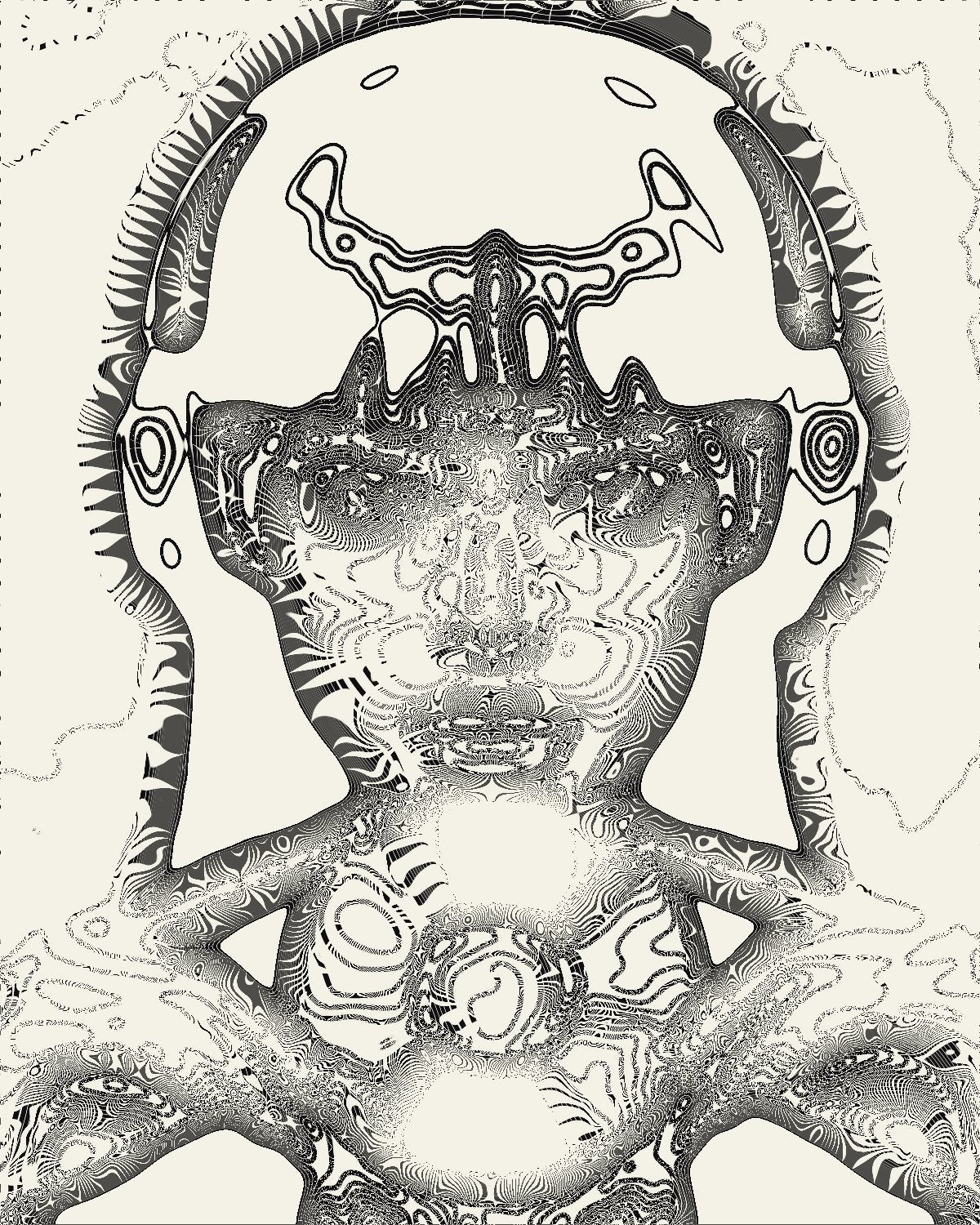 Line art effect on a portrait of a woman in headphones holding a CD, made with the Trace filter in Filter Archive (Broken Contours preset)