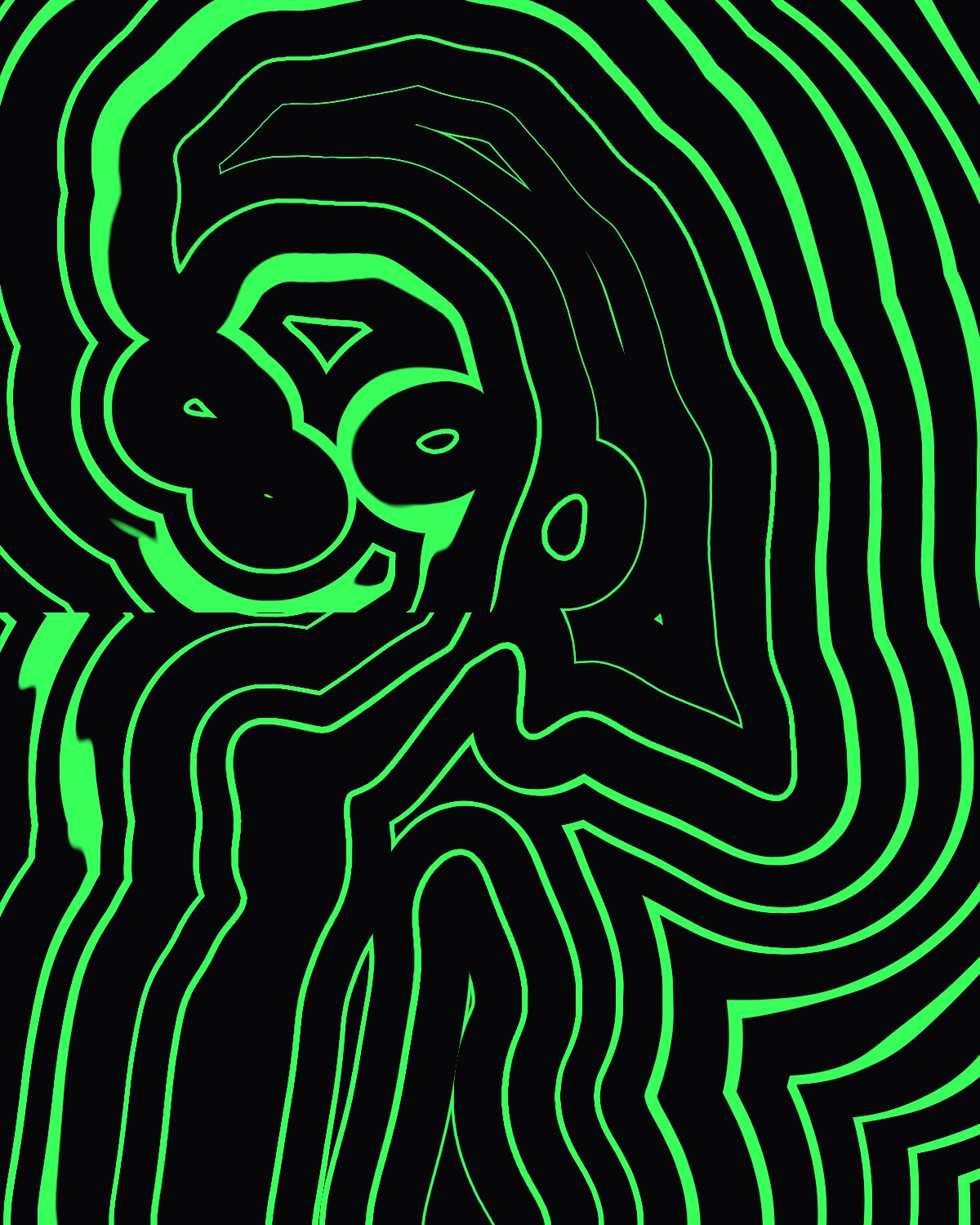 Line art effect on a portrait of a woman with a nose strip on a white background, made with the Trace filter in Filter Archive (Aura Rings preset)