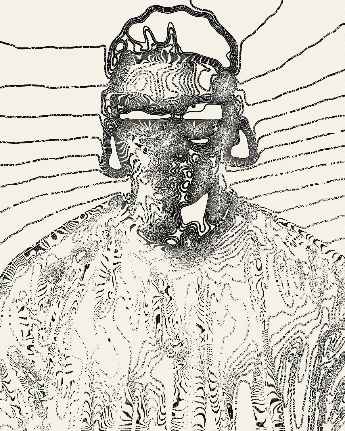 Line art effect on a portrait of a man in sunglasses on a red background, made with the Trace filter in Filter Archive (Broken Contours preset)