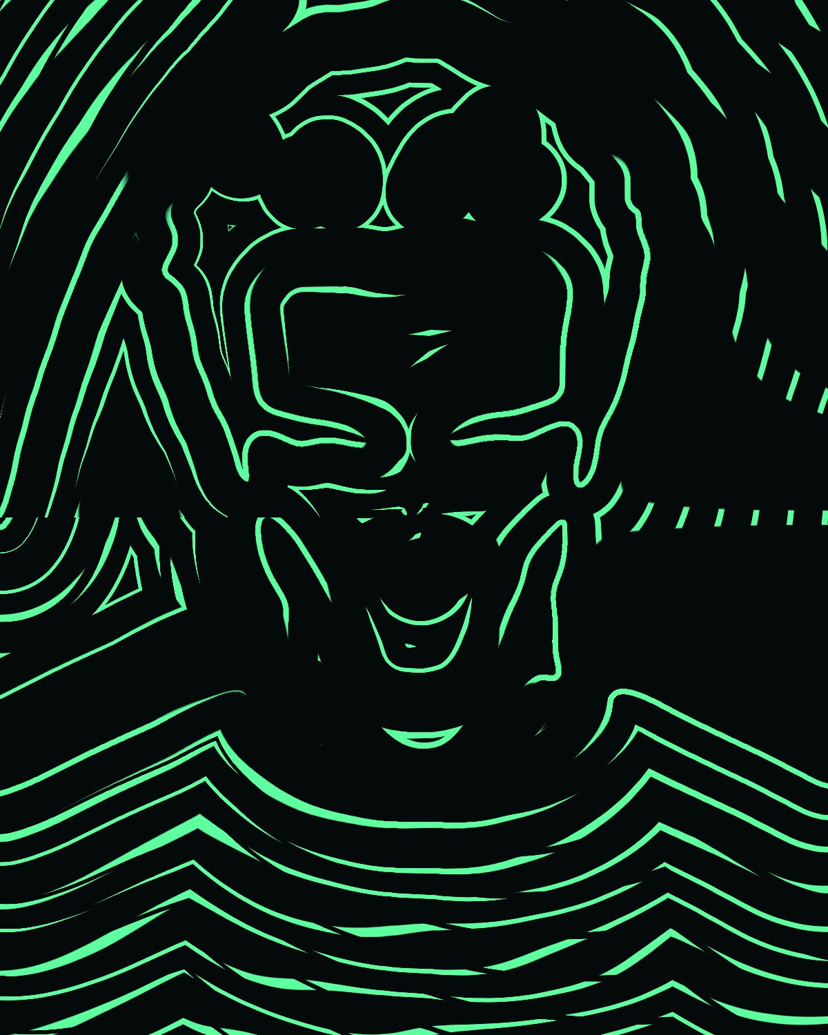 Line art effect on a portrait of a man with spiky red hair on a blue background, made with the Trace filter in Filter Archive (Sonar preset)
