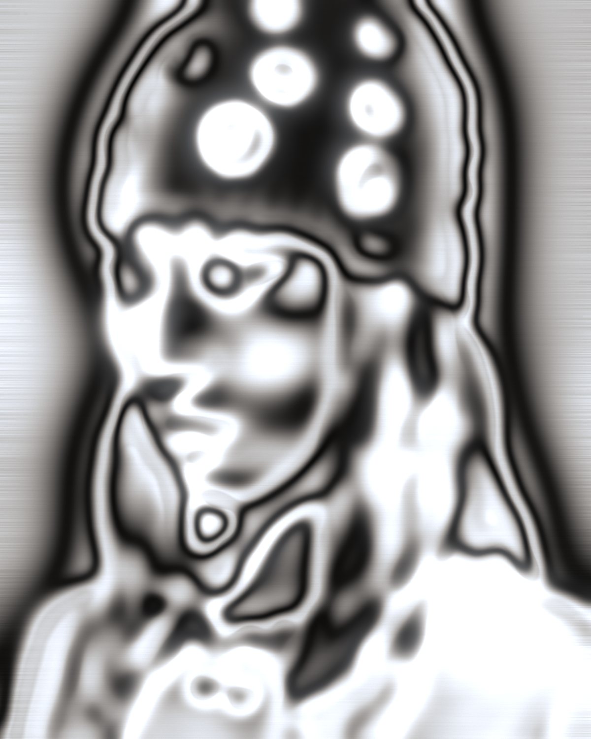 Liquid chrome effect on a portrait of a woman with red hair in a studded beanie, made with the Chrome filter in Filter Archive (Liquid preset)