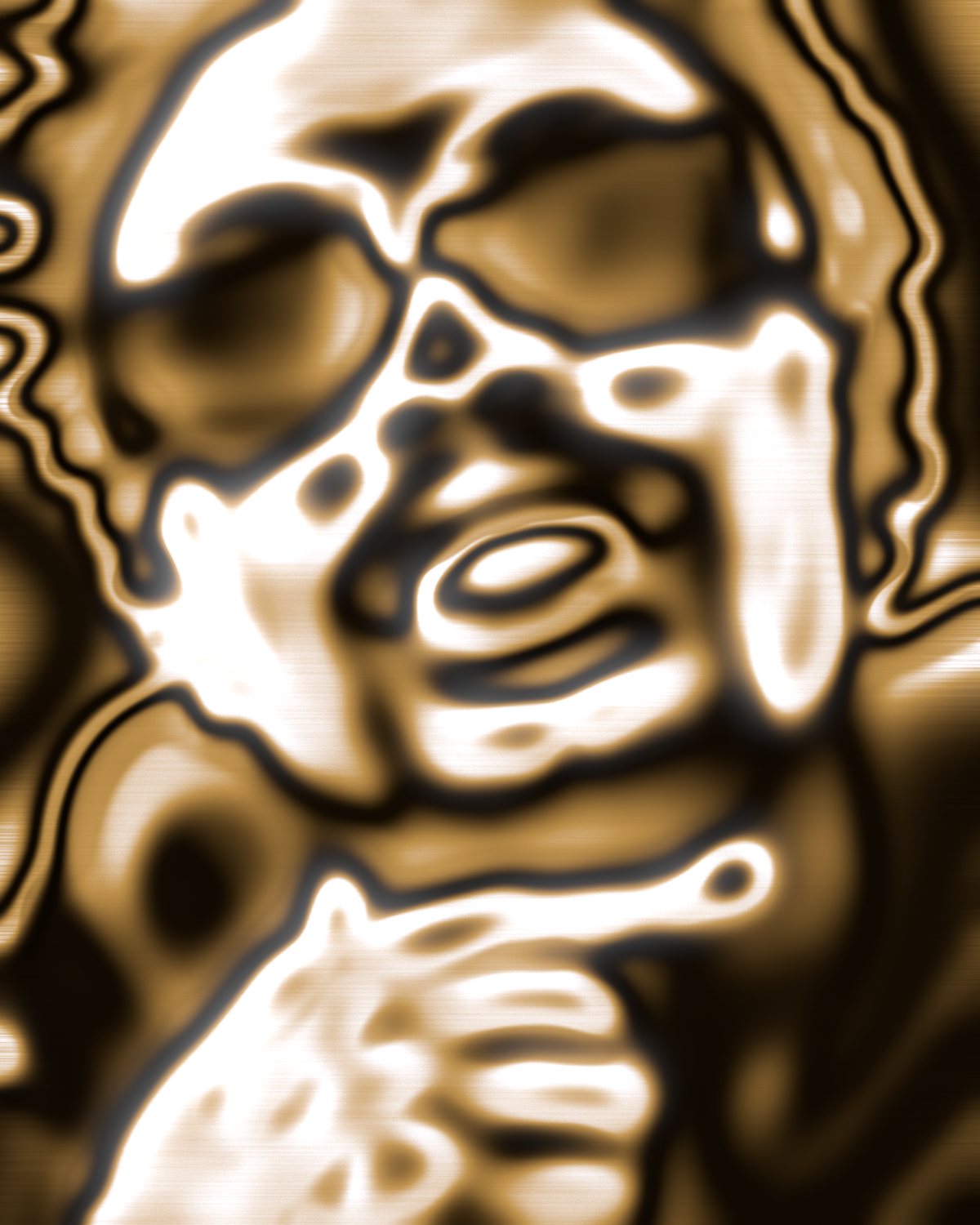 Liquid chrome effect on a portrait of a man in black sunglasses, made with the Chrome filter in Filter Archive (Gold preset)
