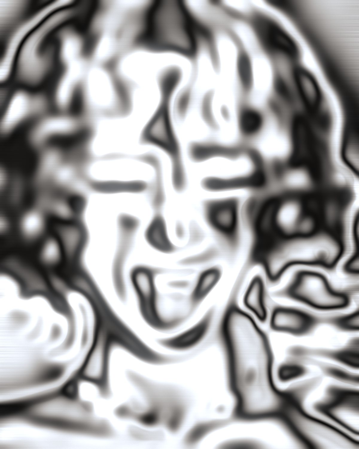 Liquid chrome effect on a portrait of a laughing woman with pink curly hair, made with the Chrome filter in Filter Archive (Liquid preset)