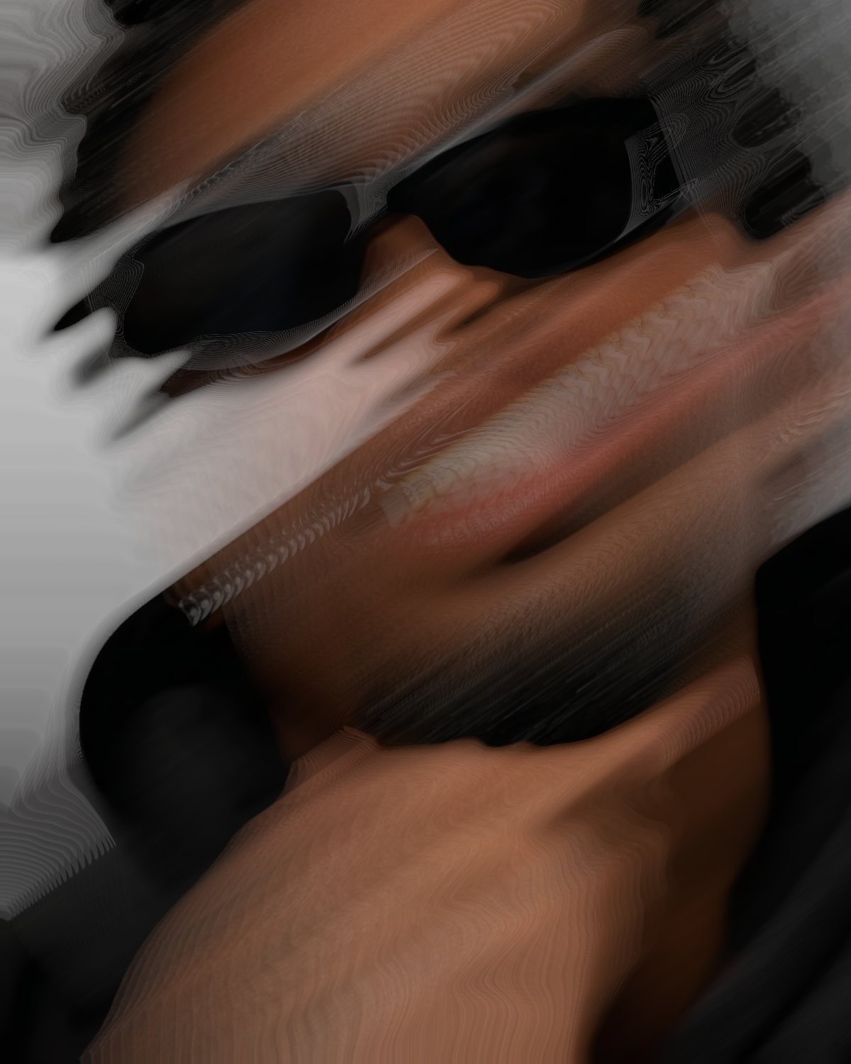 Melt effect on a portrait of a man in black sunglasses, made with the Decay filter in Filter Archive (Wind preset)