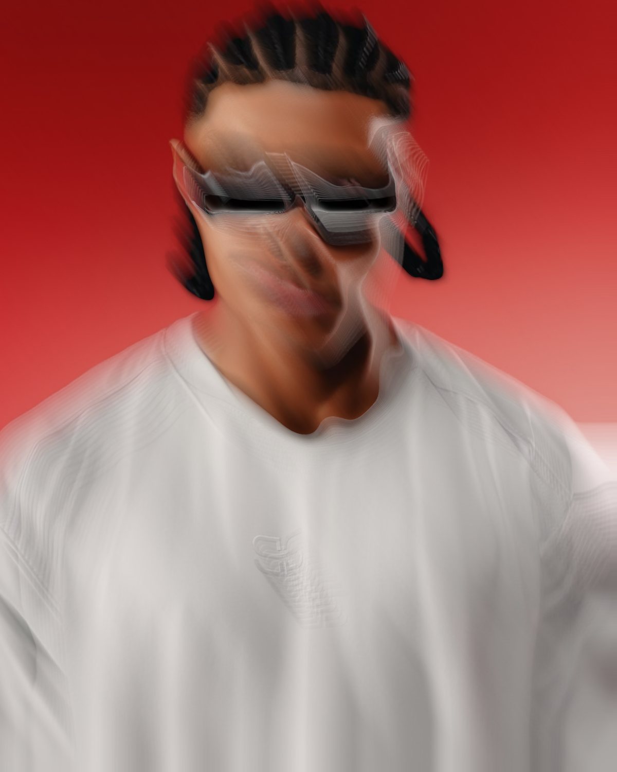 Melt effect on a portrait of a man in sunglasses on a red background, made with the Decay filter in Filter Archive (Melt preset)