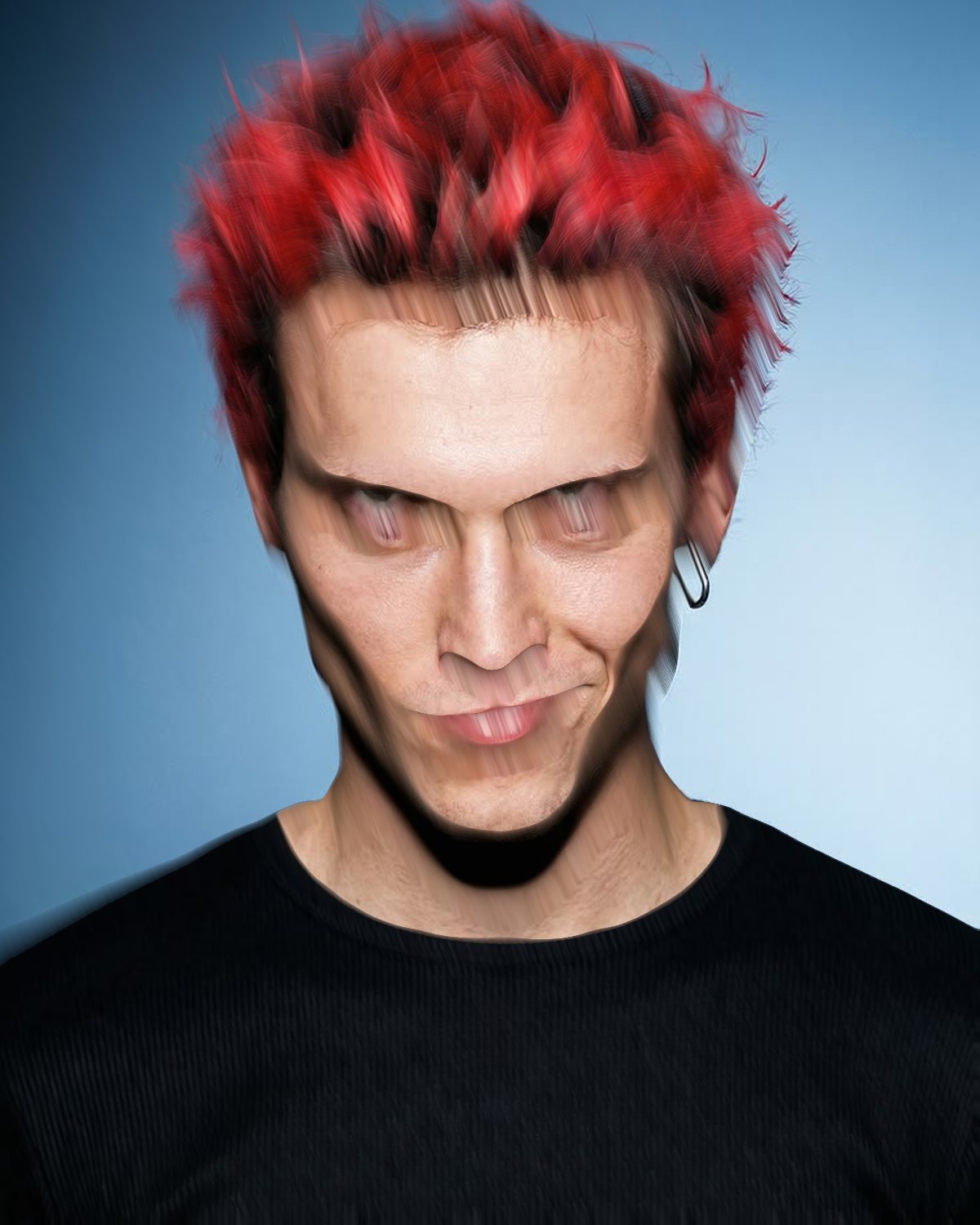 Melt effect on a portrait of a man with spiky red hair on a blue background, made with the Decay filter in Filter Archive (Shadows Only preset)