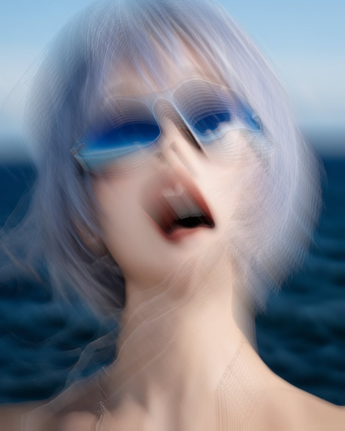 Melt effect on a portrait of a woman with silver hair and blue sunglasses by the sea, made with the Decay filter in Filter Archive (Melt preset)