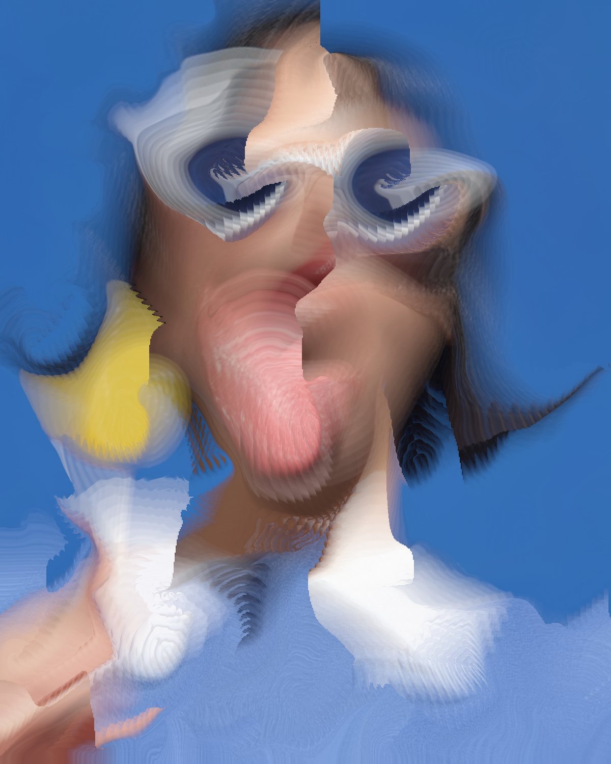 Melt effect on a portrait of a woman in white sunglasses with a lollipop, made with the Decay filter in Filter Archive (Combed preset)