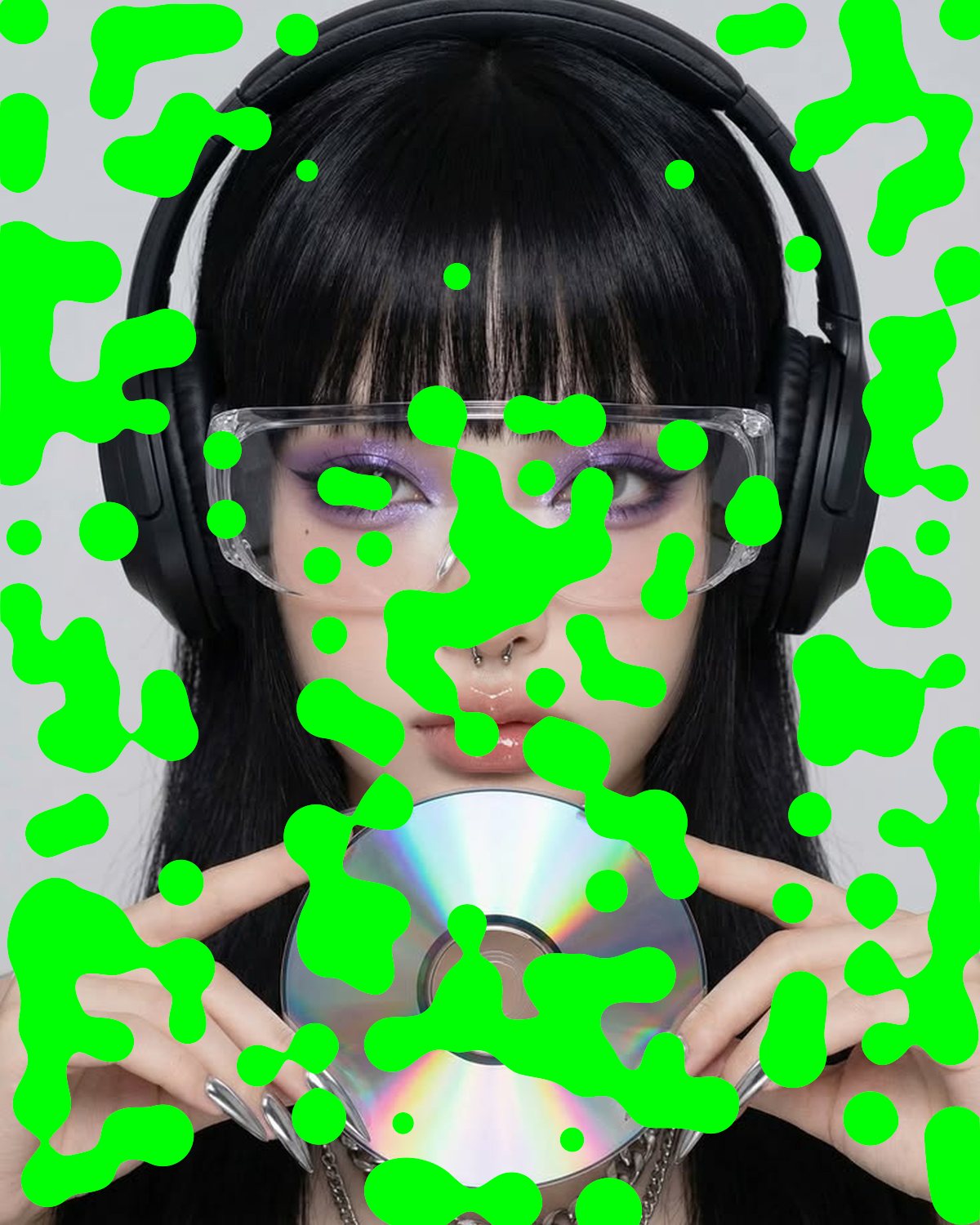 Metaball effect on a portrait of a woman in headphones holding a CD, made with the Acid filter in Filter Archive (Slime preset)