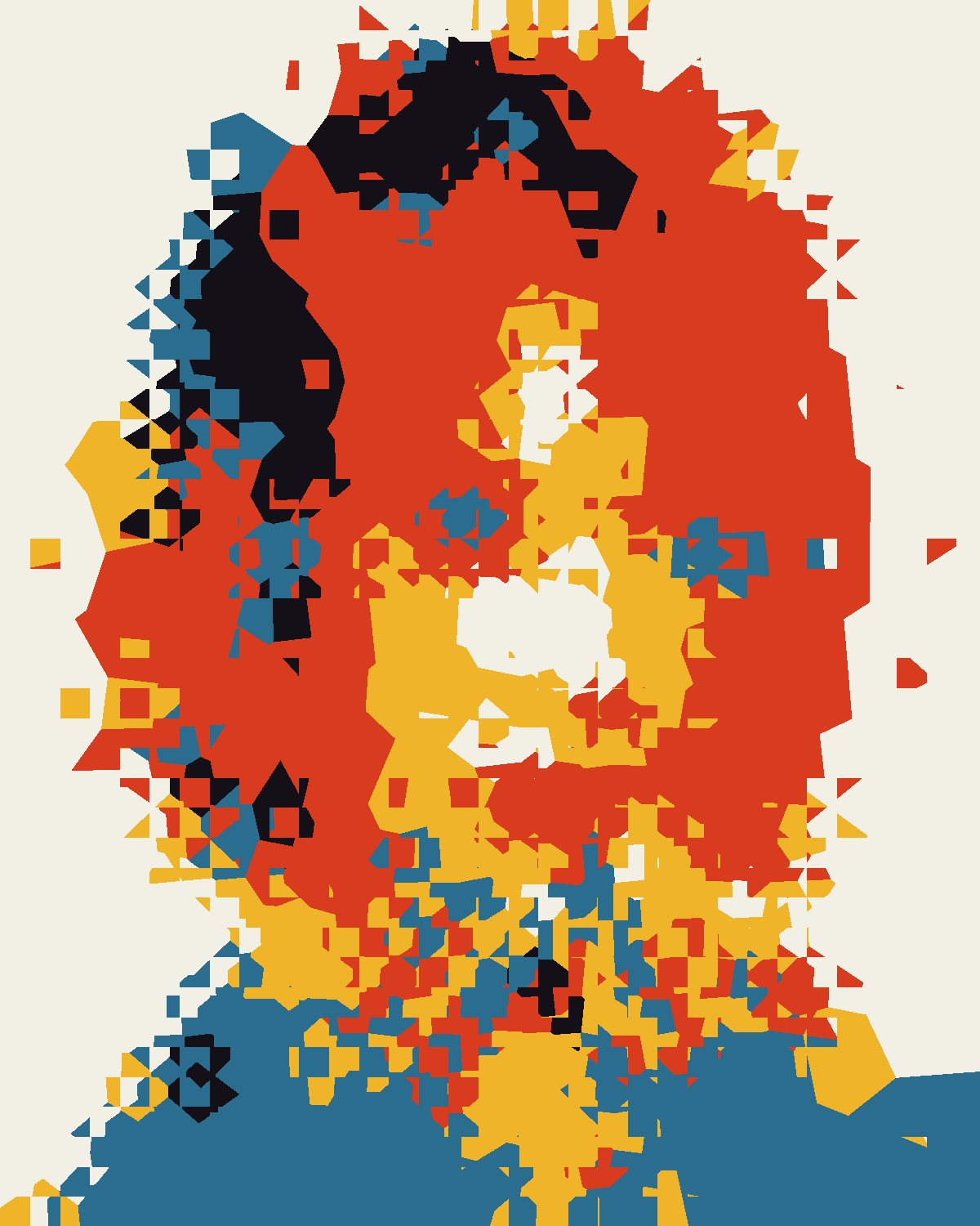 Mosaic effect on a portrait of a woman with copper red hair, made with the Cell filter in Filter Archive (Five Inks preset)