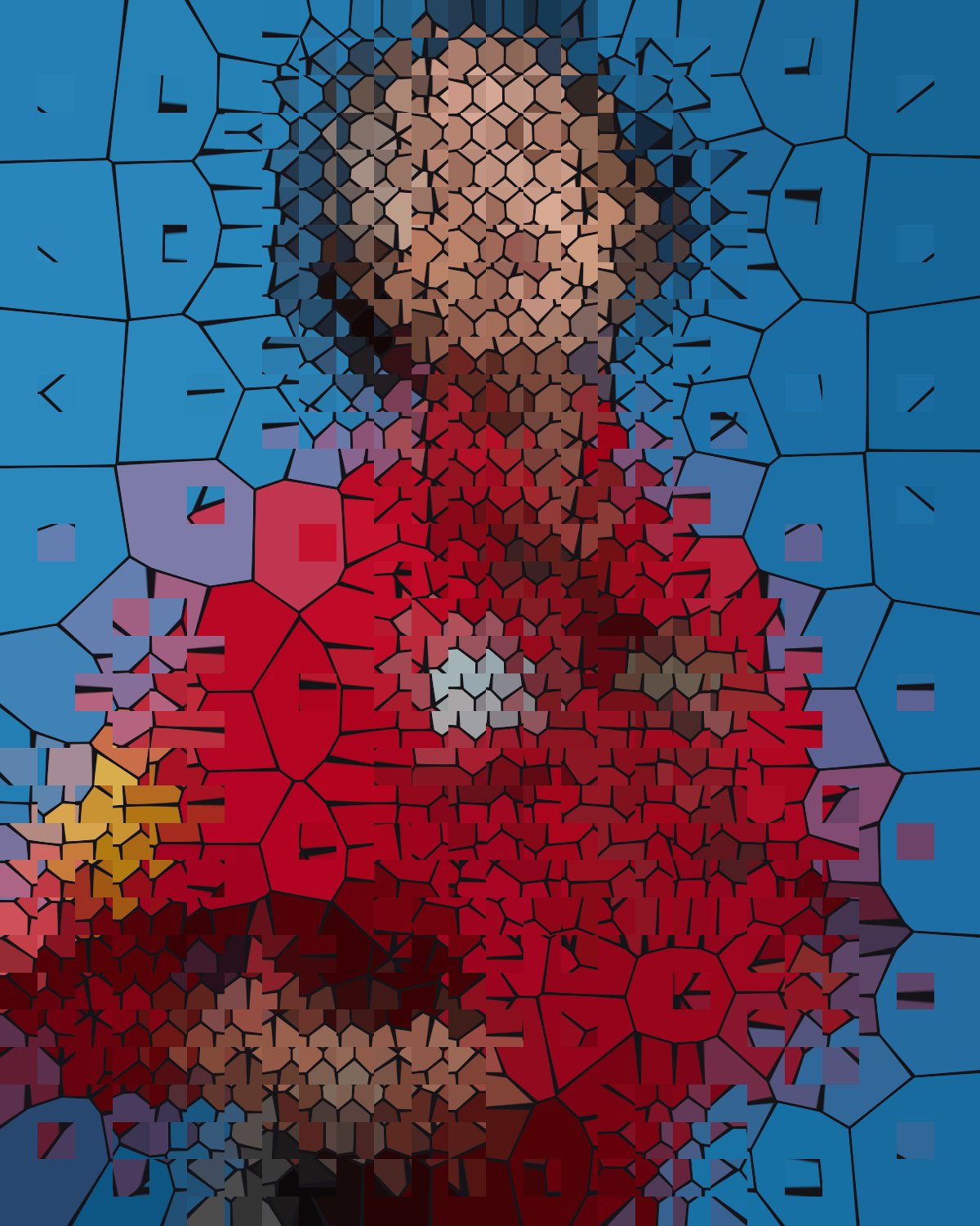 Mosaic effect on a portrait of a woman in a red jacket on a blue background, made with the Cell filter in Filter Archive (Subdivision preset)