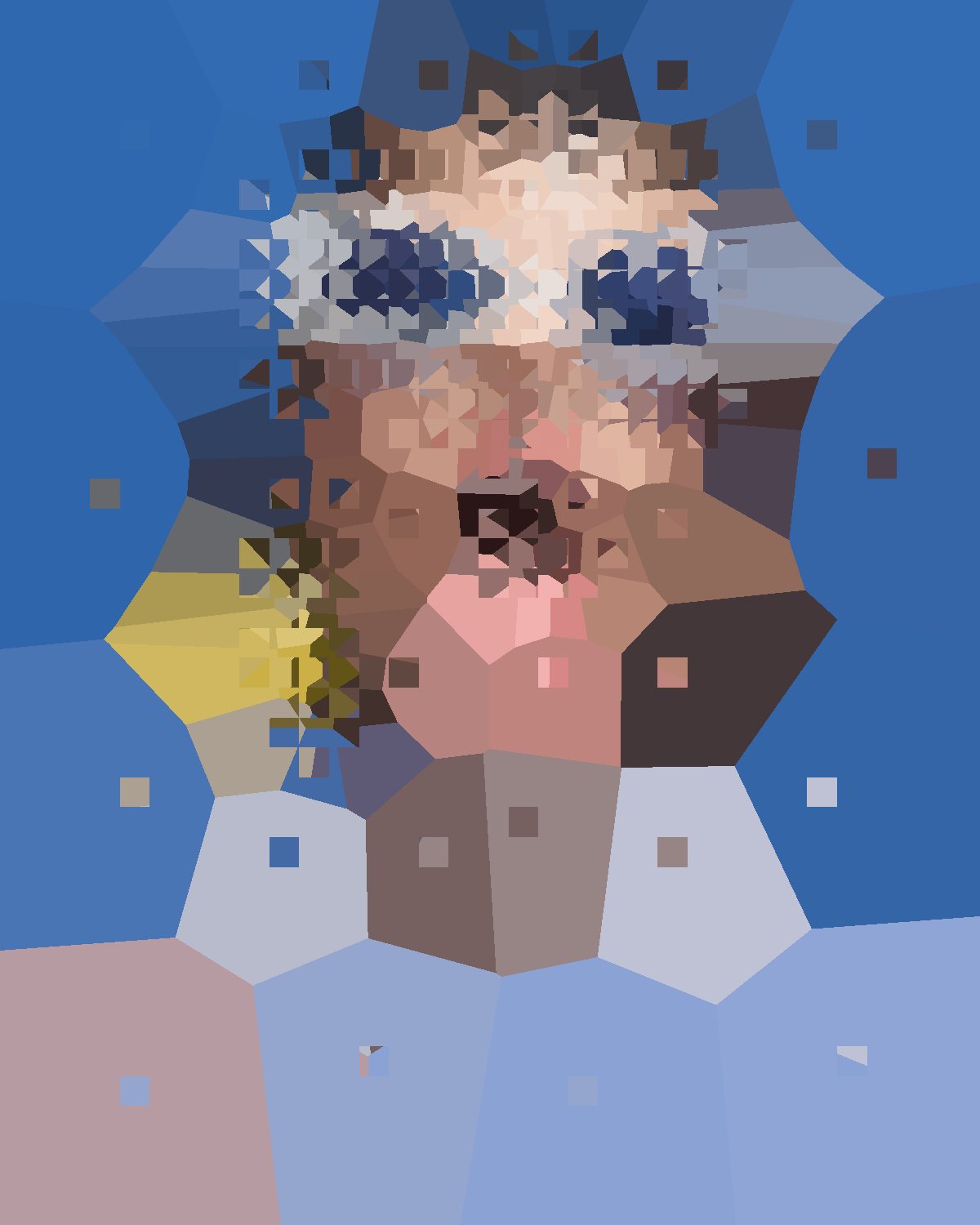 Mosaic effect on a portrait of a woman in white sunglasses with a lollipop, made with the Cell filter in Filter Archive (Adaptive Mosaic preset)