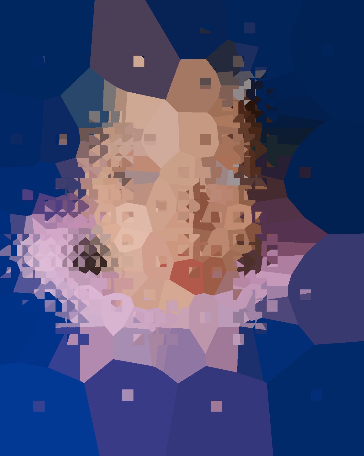 Mosaic effect on a wide-angle portrait of a woman looking up at the camera, made with the Cell filter in Filter Archive (Adaptive Mosaic preset)
