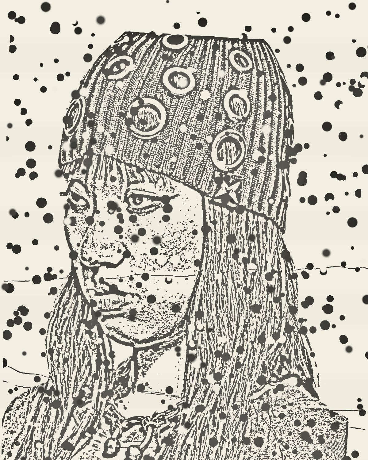Photocopy effect on a portrait of a woman with red hair in a studded beanie, made with the Receipt filter in Filter Archive (Twelfth preset)