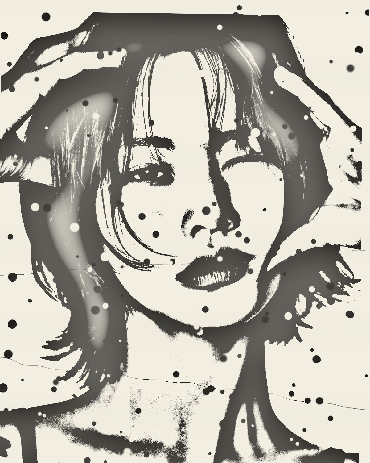 Photocopy effect on a portrait of a woman with black hair, hands on her head, made with the Receipt filter in Filter Archive (Sixth preset)