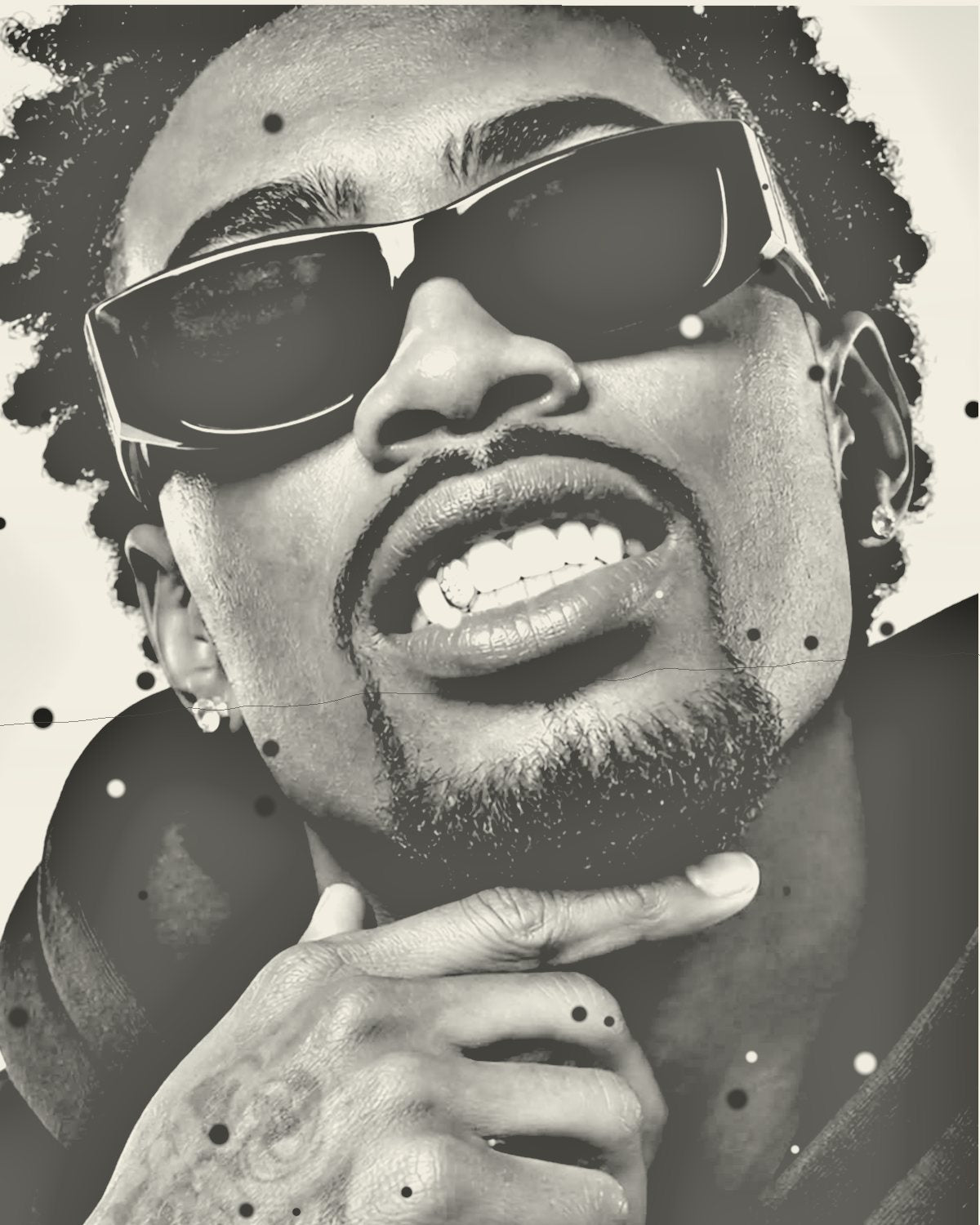 Photocopy effect on a portrait of a man in black sunglasses, made with the Receipt filter in Filter Archive (Second Generation preset)