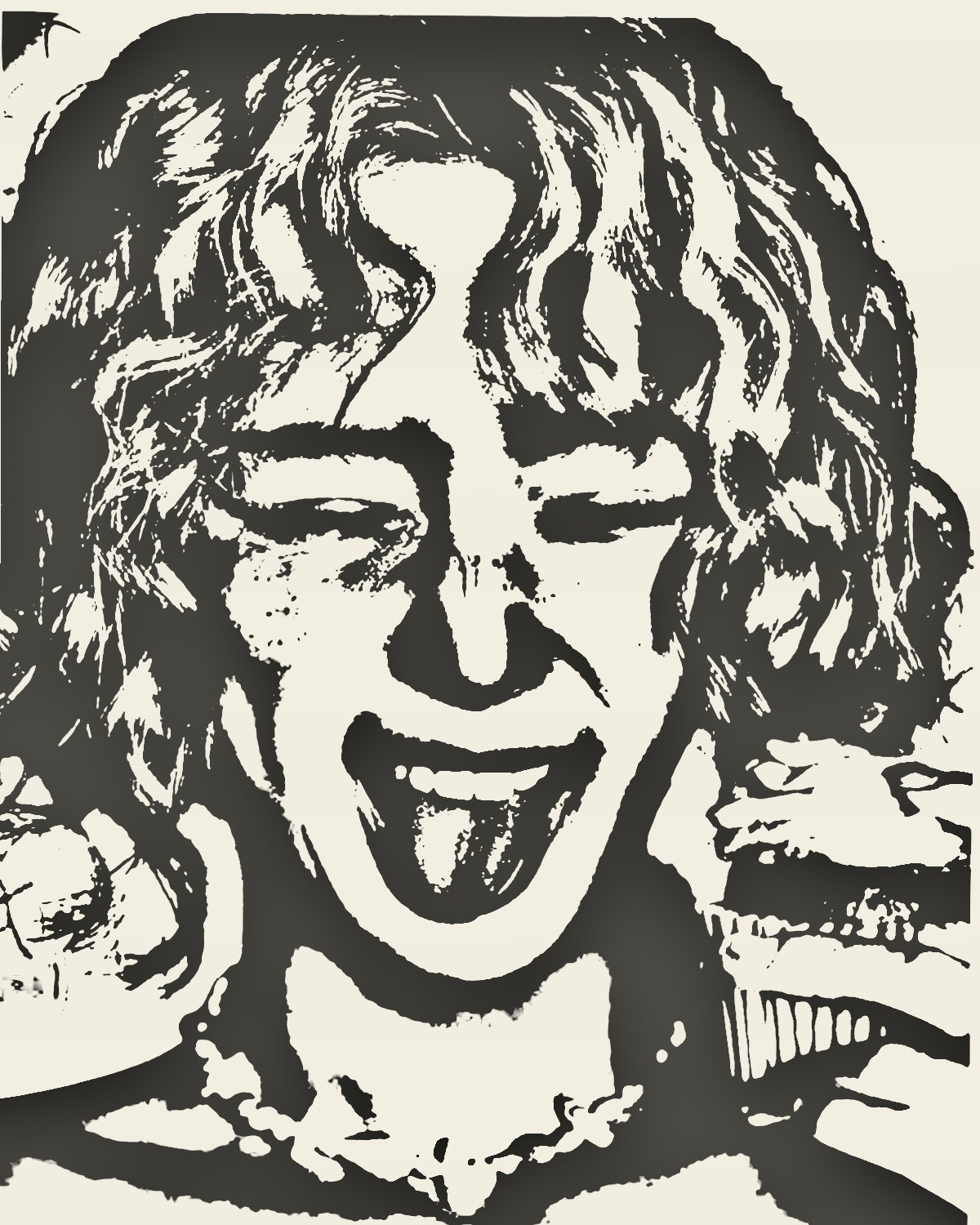 Photocopy effect on a portrait of a laughing woman with pink curly hair, made with the Receipt filter in Filter Archive (Clean Machine preset)