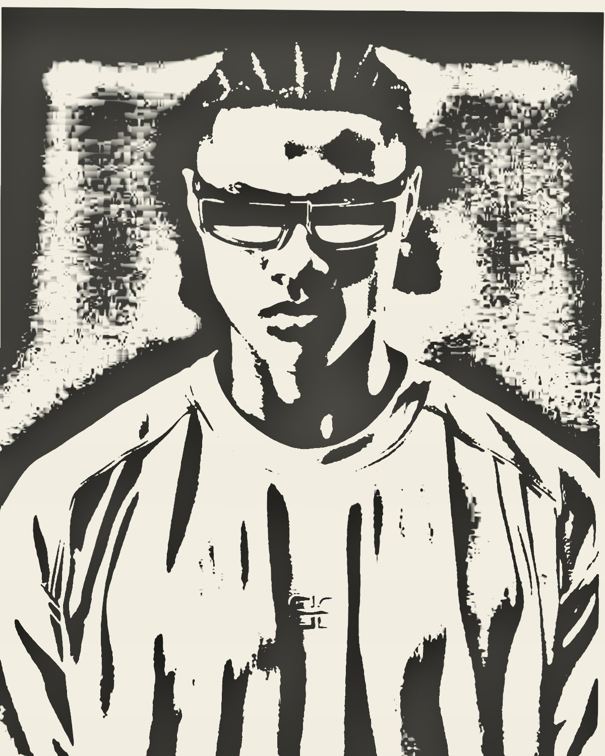 Photocopy effect on a portrait of a man in sunglasses on a red background, made with the Receipt filter in Filter Archive (Clean Machine preset)