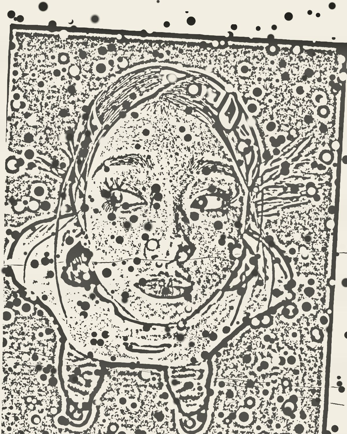 Photocopy effect on a wide-angle portrait of a woman looking up at the camera, made with the Receipt filter in Filter Archive (Twelfth preset)