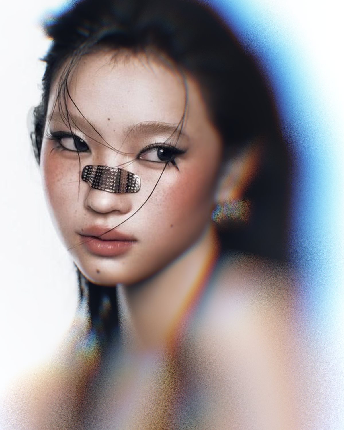 Prism lens effect on a portrait of a woman with a nose strip on a white background, made with the Ghost Lens filter in Filter Archive (Off Centre preset)