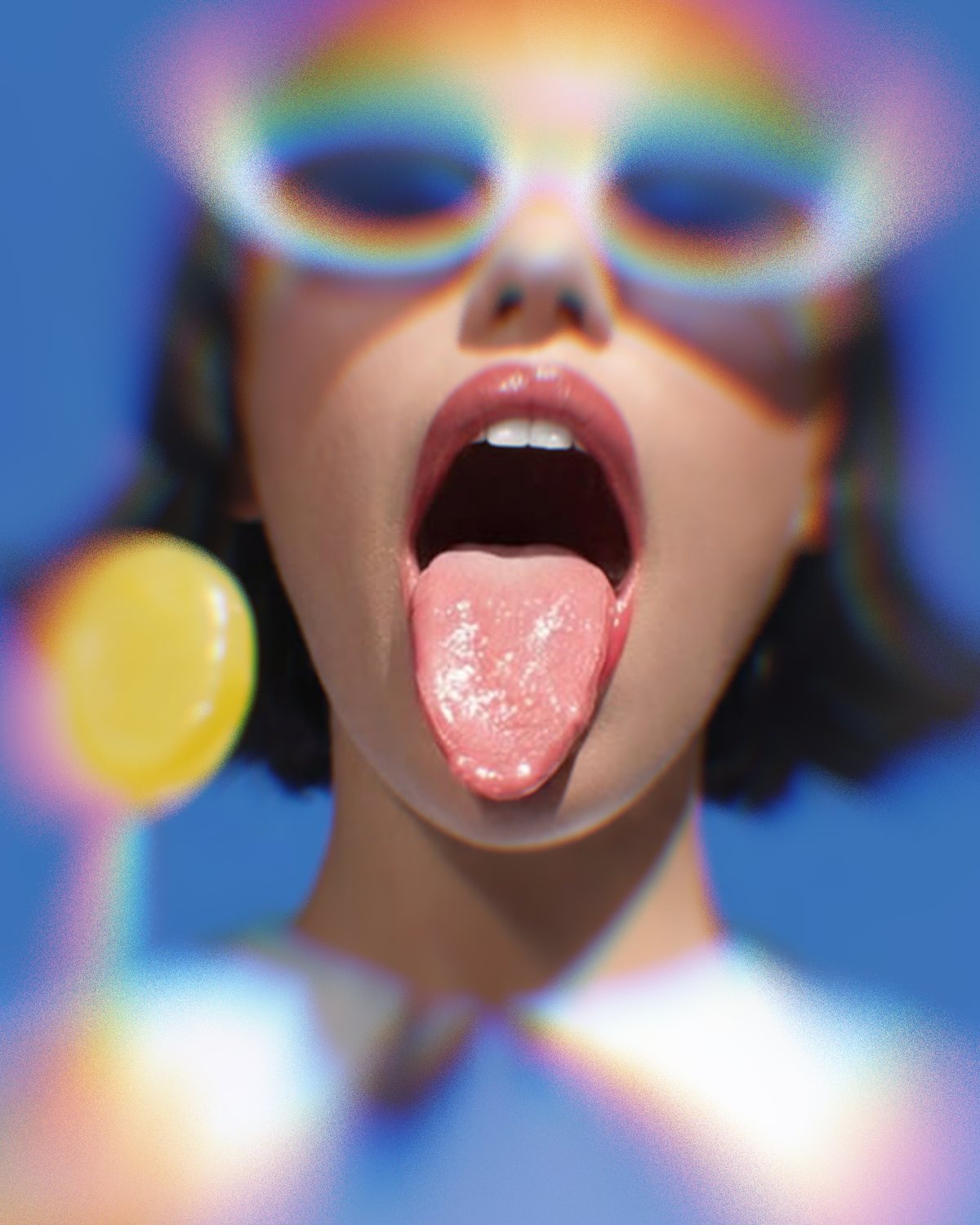 Prism lens effect on a portrait of a woman in white sunglasses with a lollipop, made with the Ghost Lens filter in Filter Archive (Tunnel preset)