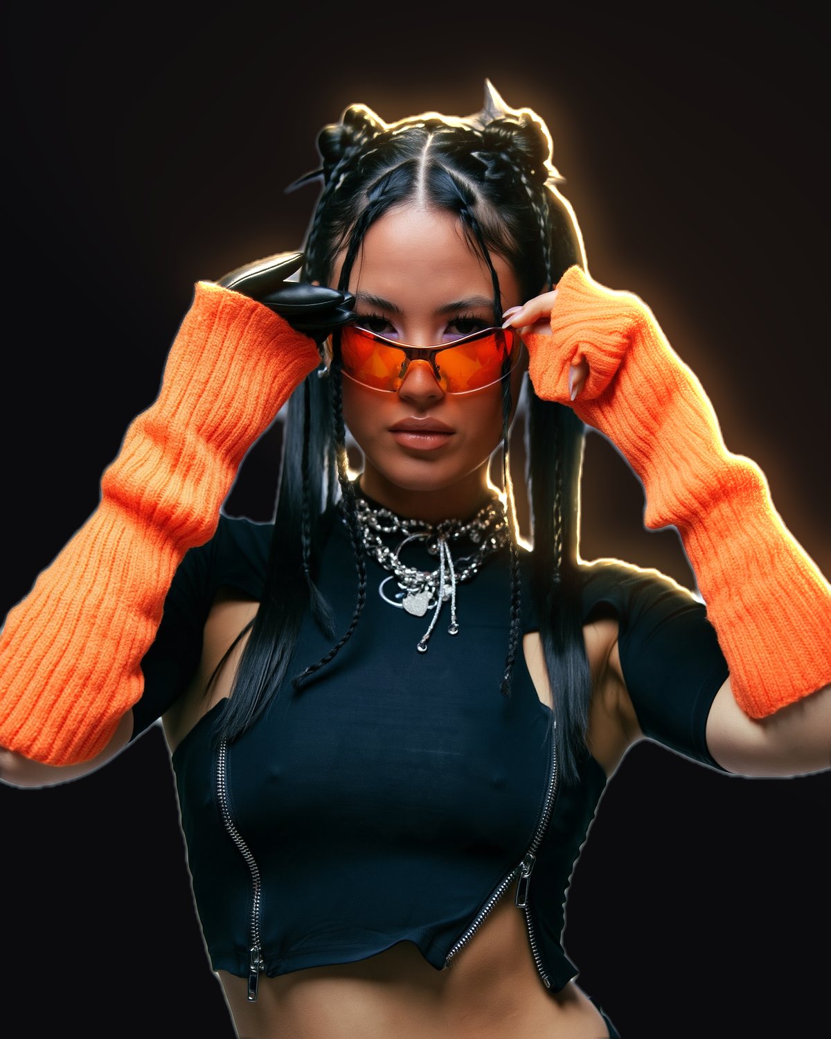 Rim light effect on a portrait of a woman in orange knit sleeves and orange sunglasses, made with the Rim Light filter in Filter Archive (Golden preset)